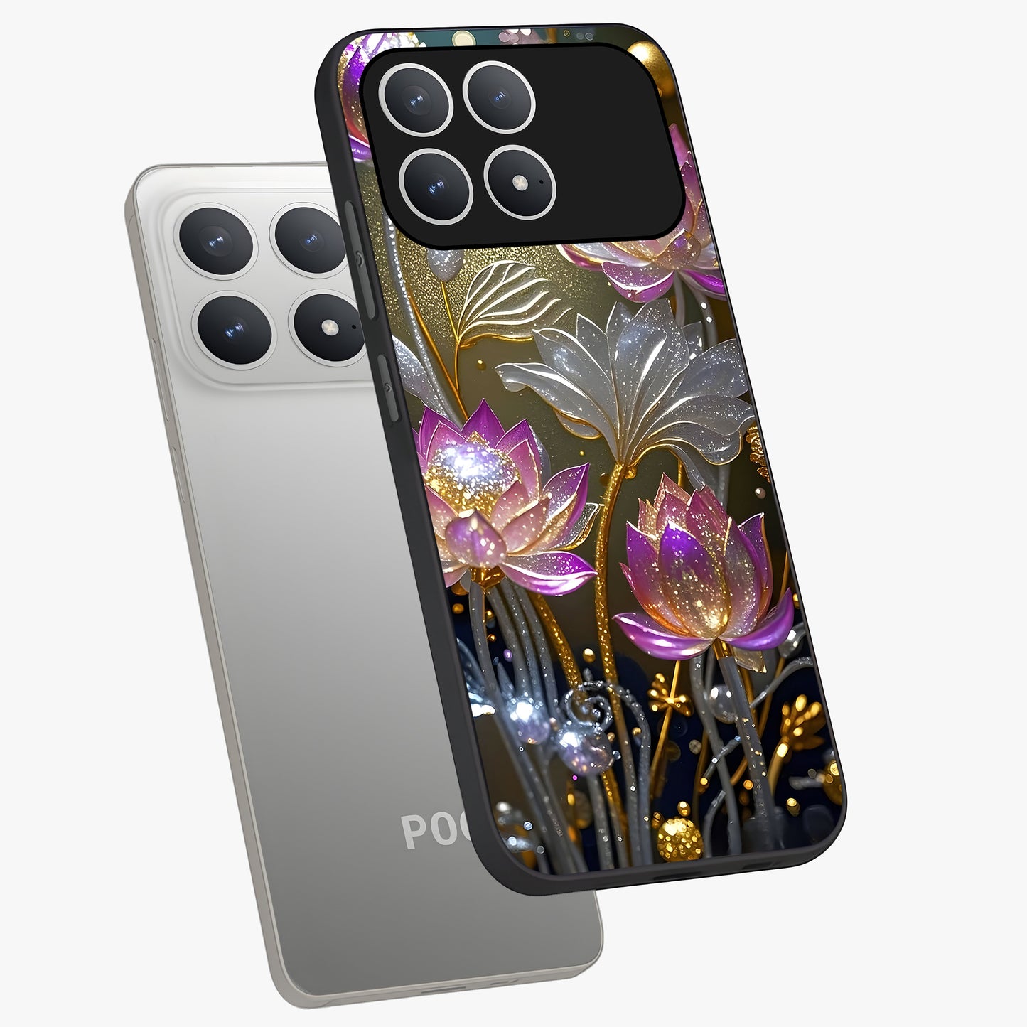 Golden Floral Majesty Glass Case displayed in angled mockup highlighting elegant flower design with royal golden aesthetic.