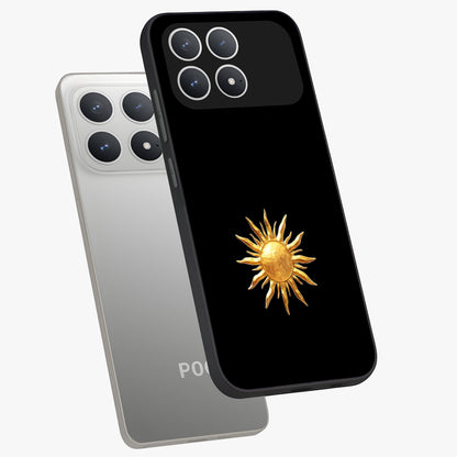 Golden Sun Minimalism Glass Case displayed in angled mockup highlighting eerie shadow illustration with gothic aesthetic.