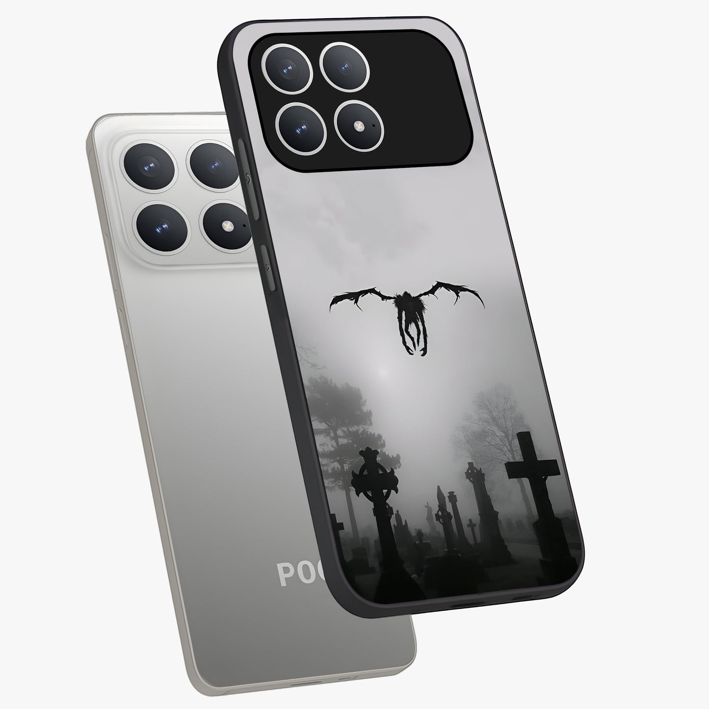 Graveyard Shadow Descent Glass Case displayed in angled mockup highlighting eerie shadow illustration with gothic aesthetic.