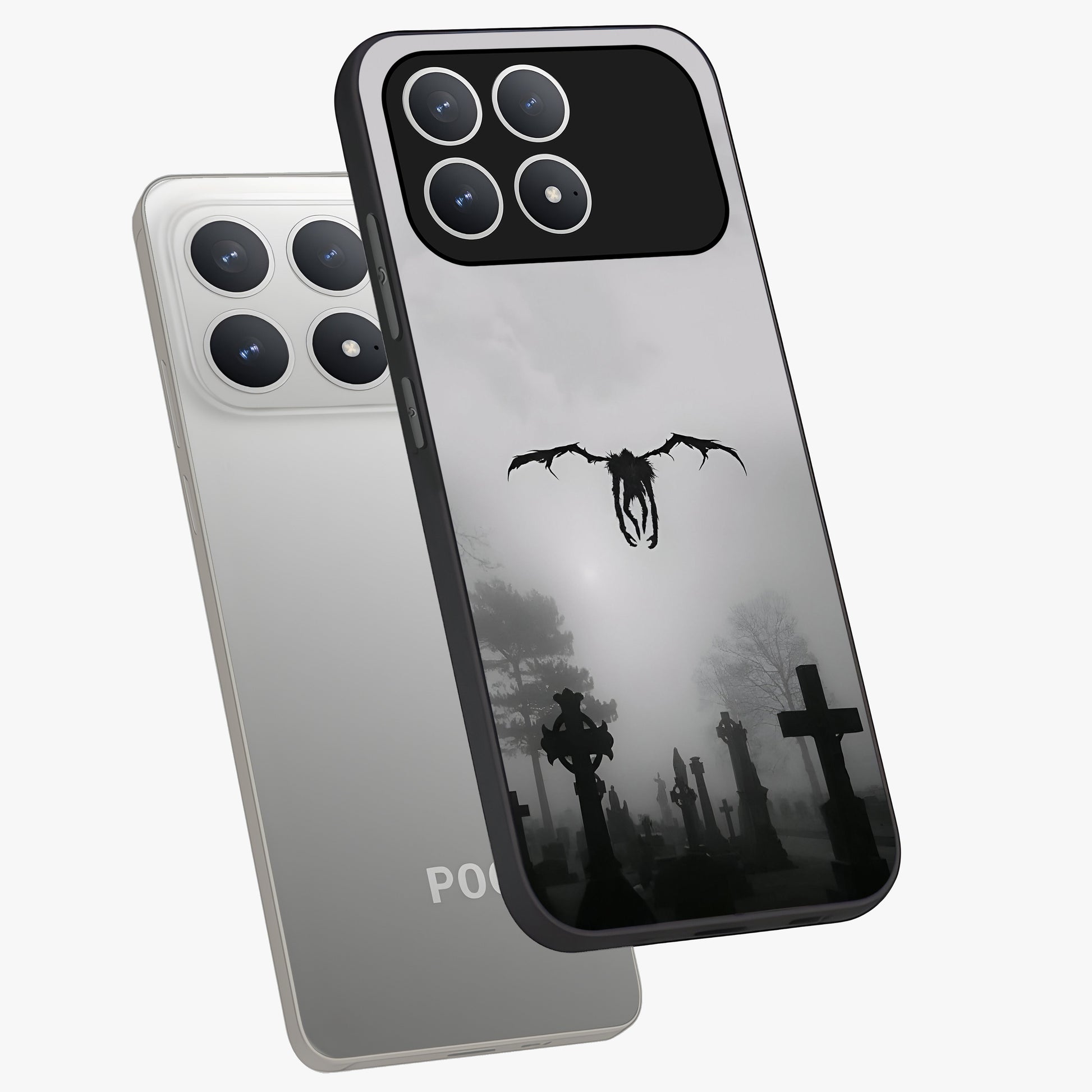 Graveyard Shadow Descent Glass Case displayed in angled mockup highlighting eerie shadow illustration with gothic aesthetic.