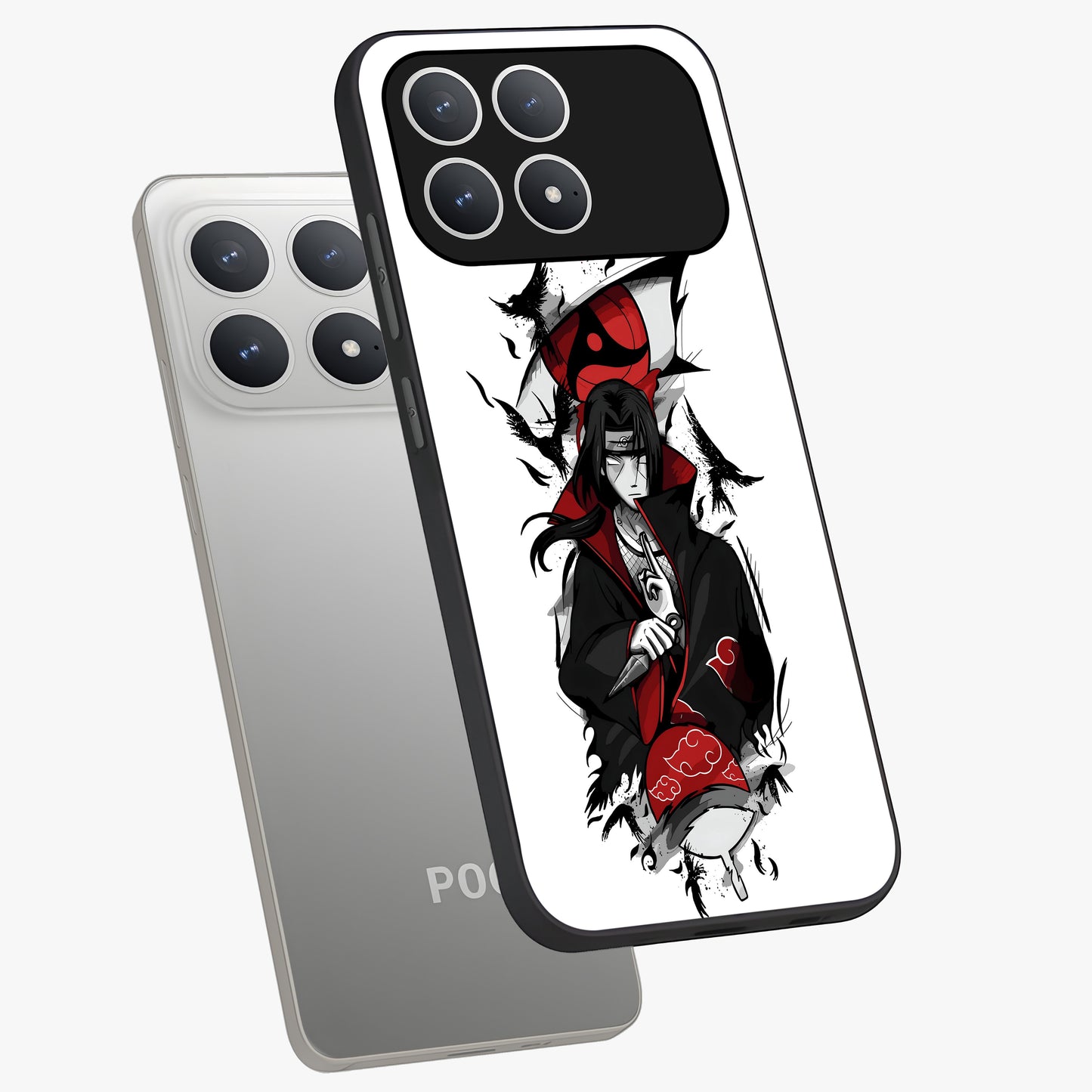 Itachi Limited Edition Naruto Anime Glass Case displayed in angled mockup highlighting dramatic anime illustration with bold action aesthetic.