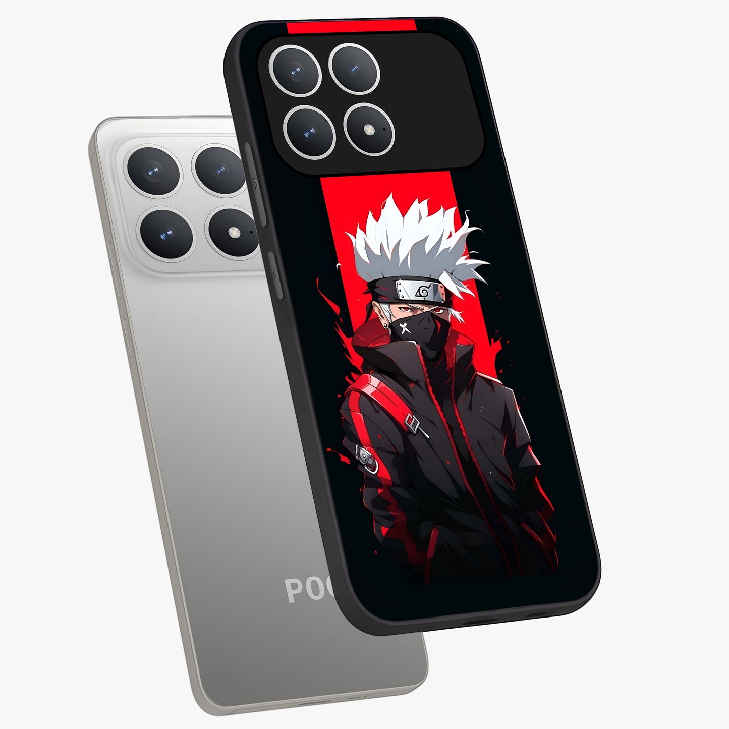Kakashi Scarlet Shadow Glass Case displayed in angled mockup highlighting dramatic ninja illustration with scarlet themed aesthetic.
