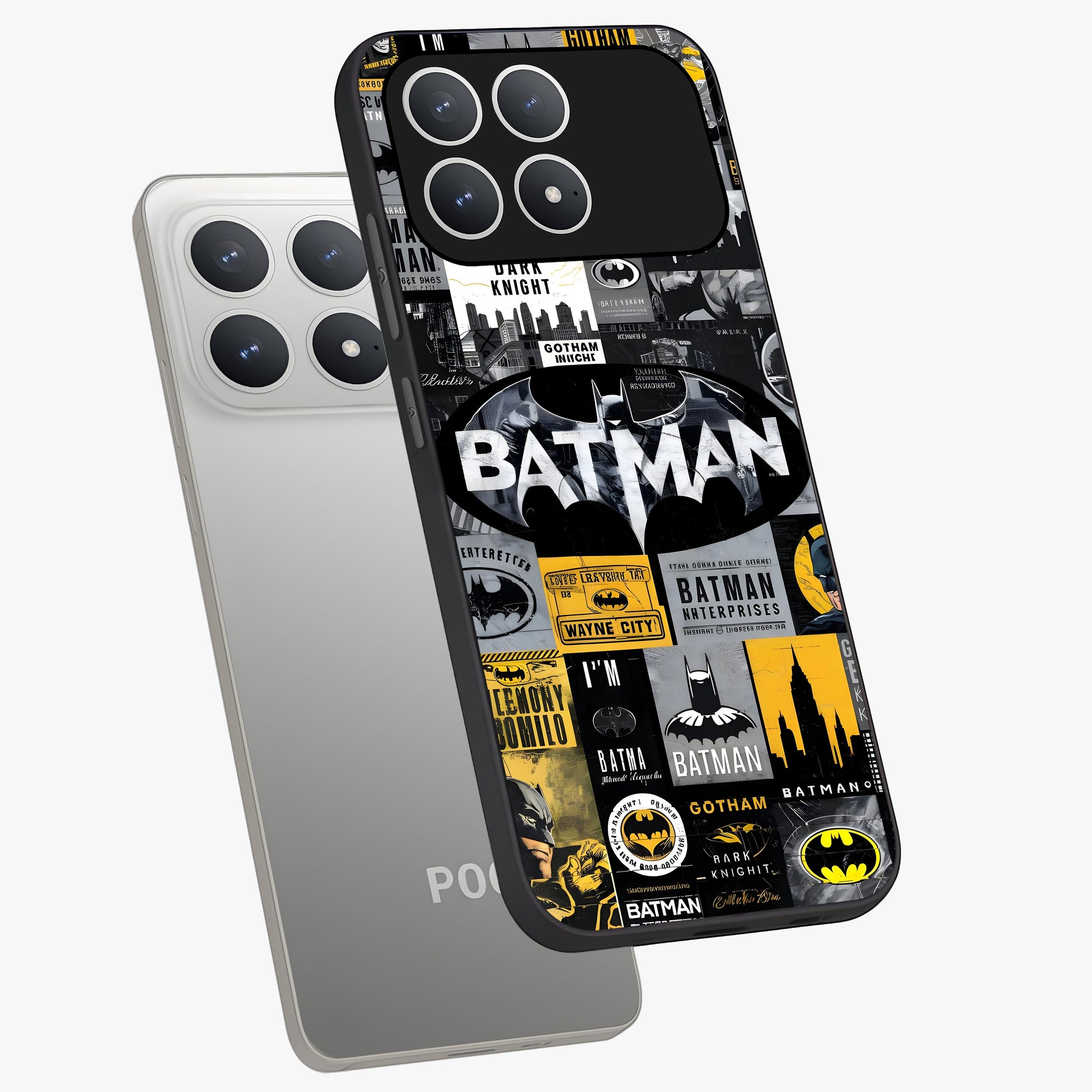 Knight Gotham Rise Glass Case displayed in angled mockup highlighting powerful knight silhouette design with dramatic aesthetic.