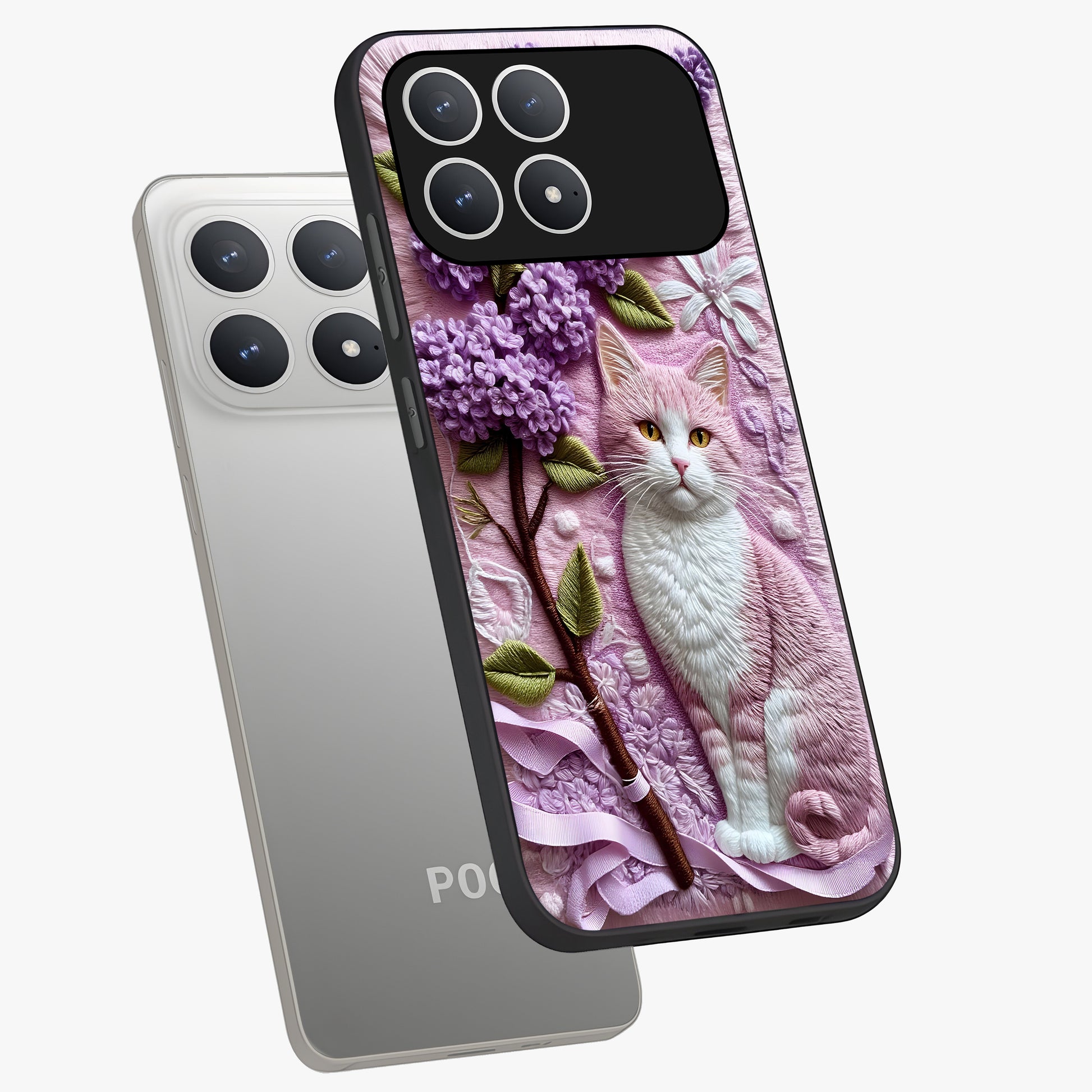 Lavender Cat Whimsy Glass Case displayed in angled mockup highlighting playful feline illustration with pastel lavender aesthetic.