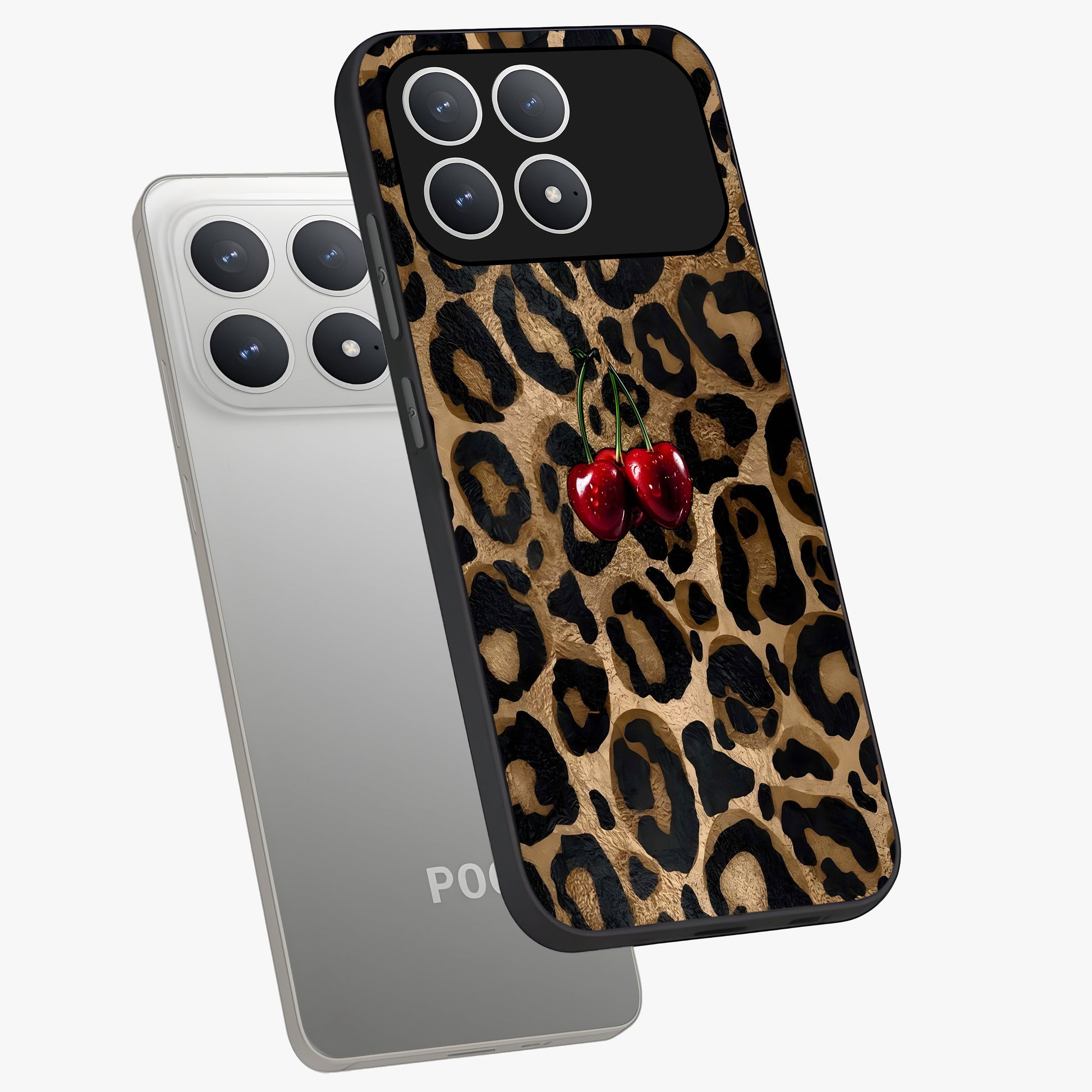 Leopard Wild Cherry Glass Case displayed in angled mockup highlighting bold animal print design with playful cherry aesthetic.