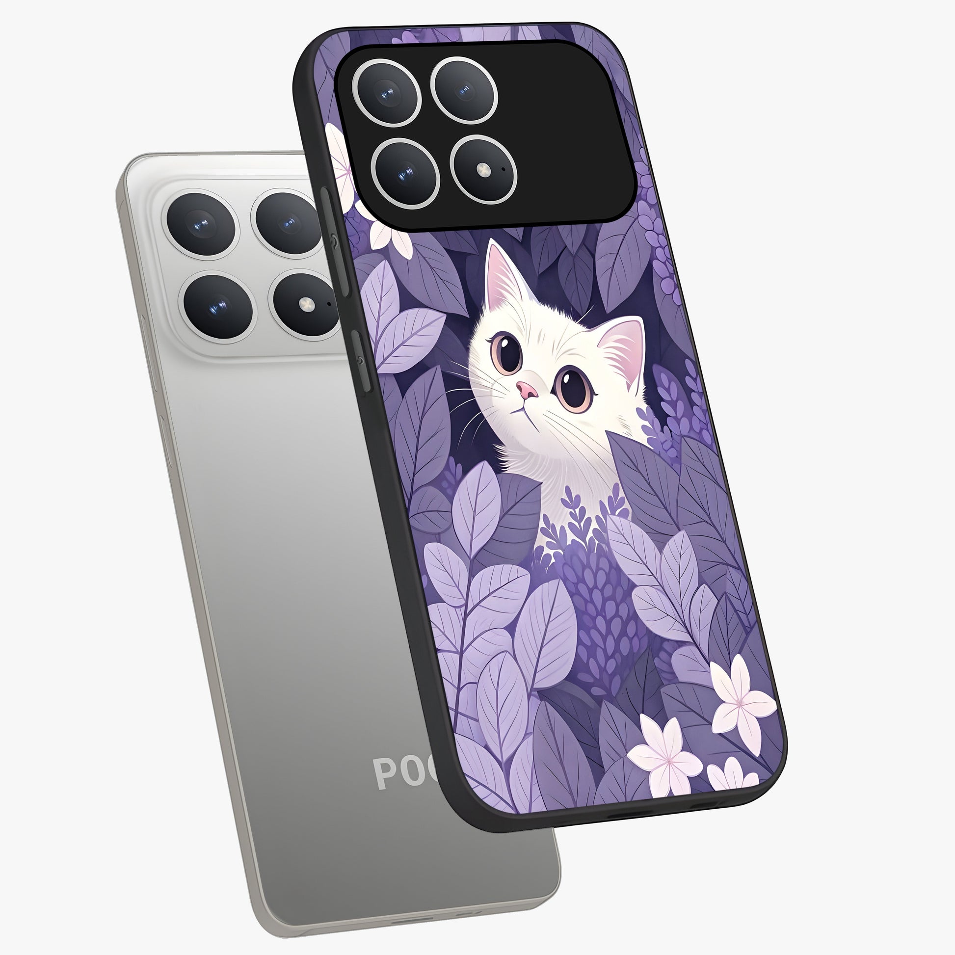 Lilac Hide Peek Cat Glass Case displayed in angled mockup highlighting playful feline illustration with lilac aesthetic design.