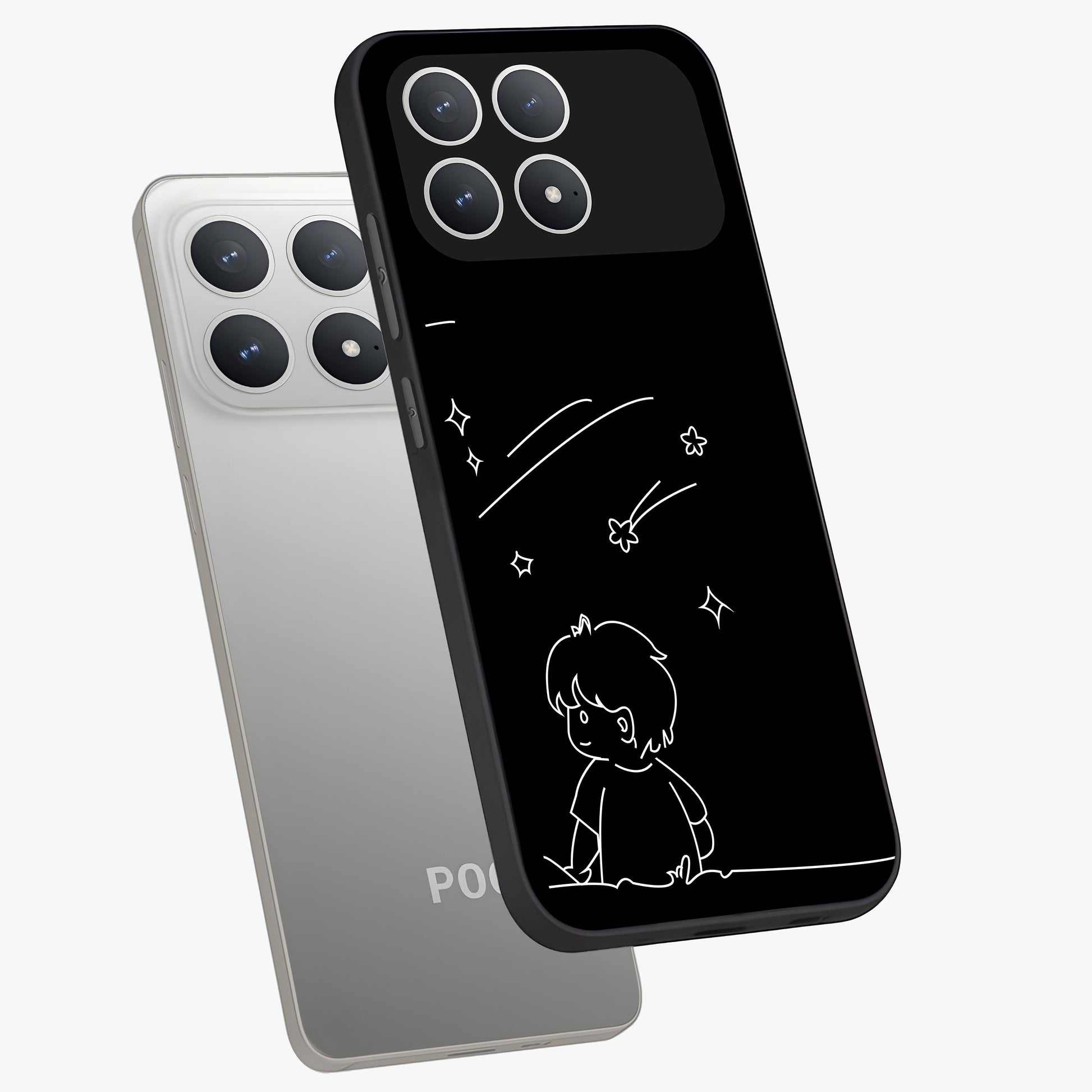 Line Art Boy With Shooting Stars Glass Case displayed in angled mockup highlighting elegant line art design with dreamy star aesthetic.