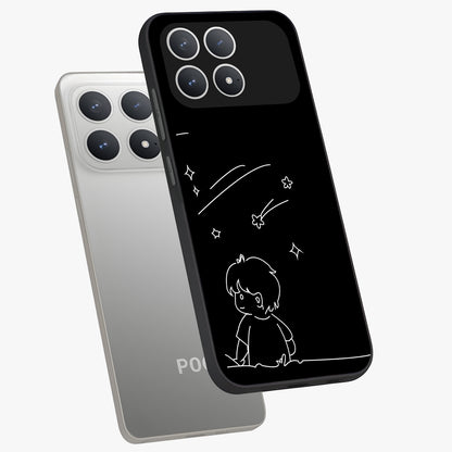 Line Art Boy With Shooting Stars Glass Case displayed in angled mockup highlighting elegant line art design with dreamy star aesthetic.