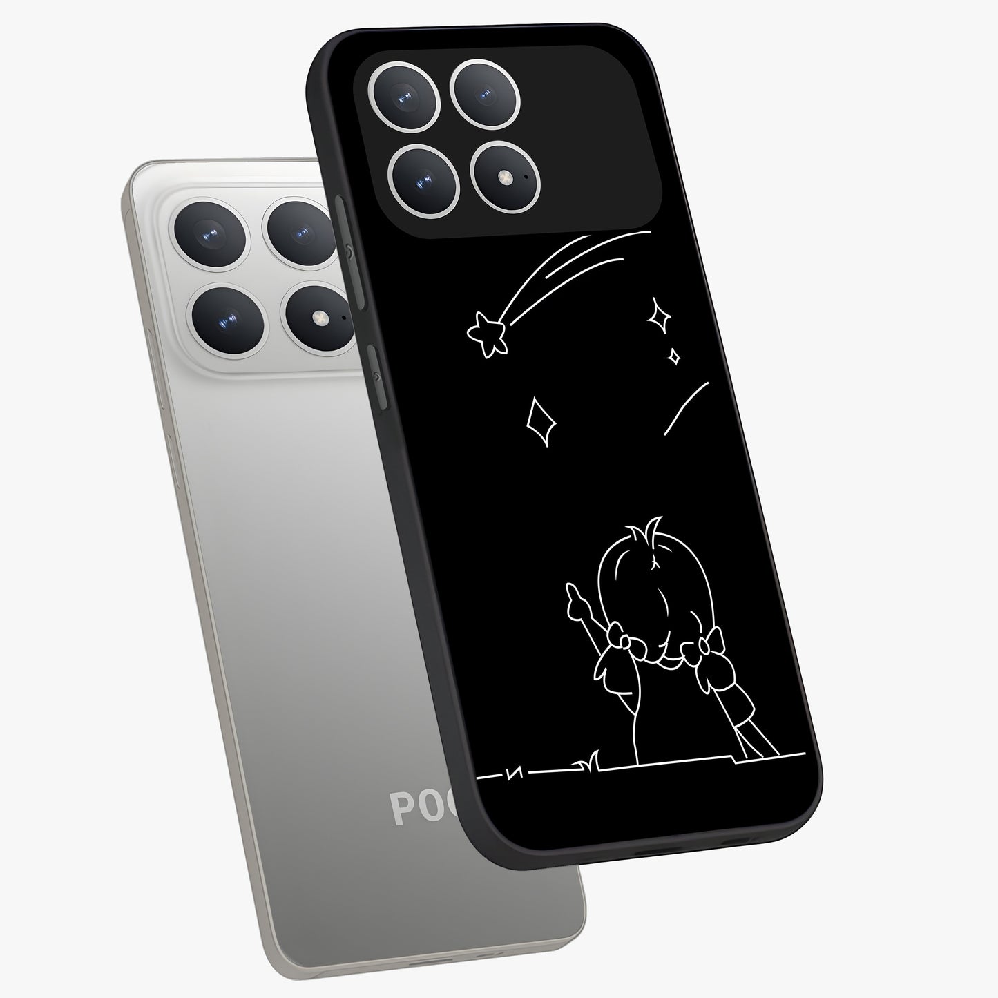 Line Art Girl With Shooting Stars Glass Case displayed in angled mockup highlighting elegant line art design with dreamy star aesthetic.