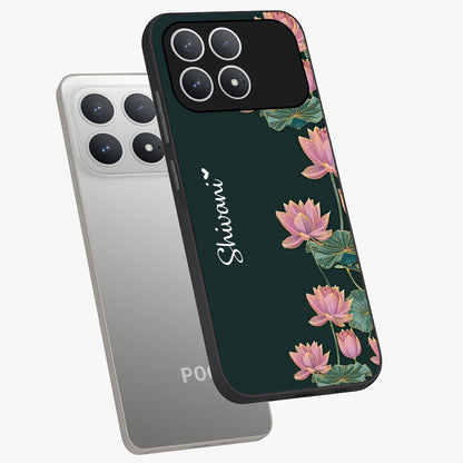 Lotus Bloom Serenity Custom Name Glass Case displayed in angled mockup highlighting graceful lotus illustration with custom name feature.