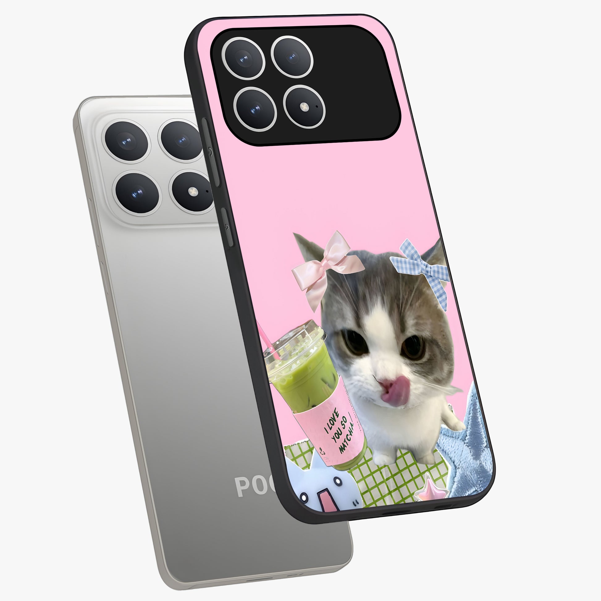 Love Matcha Cat Glass Case displayed in angled mockup highlighting playful feline illustration with cozy matcha aesthetic.