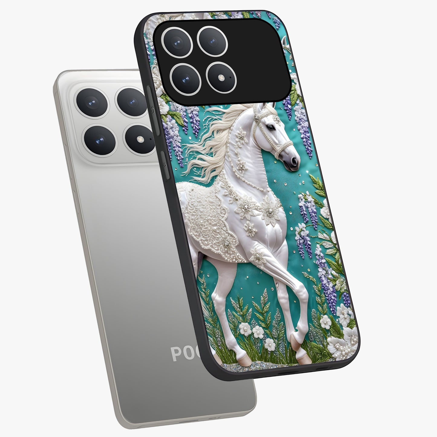 Majestic Floral Stallion Glass Case displayed in angled mockup highlighting majestic stallion illustration with elegant floral aesthetic.