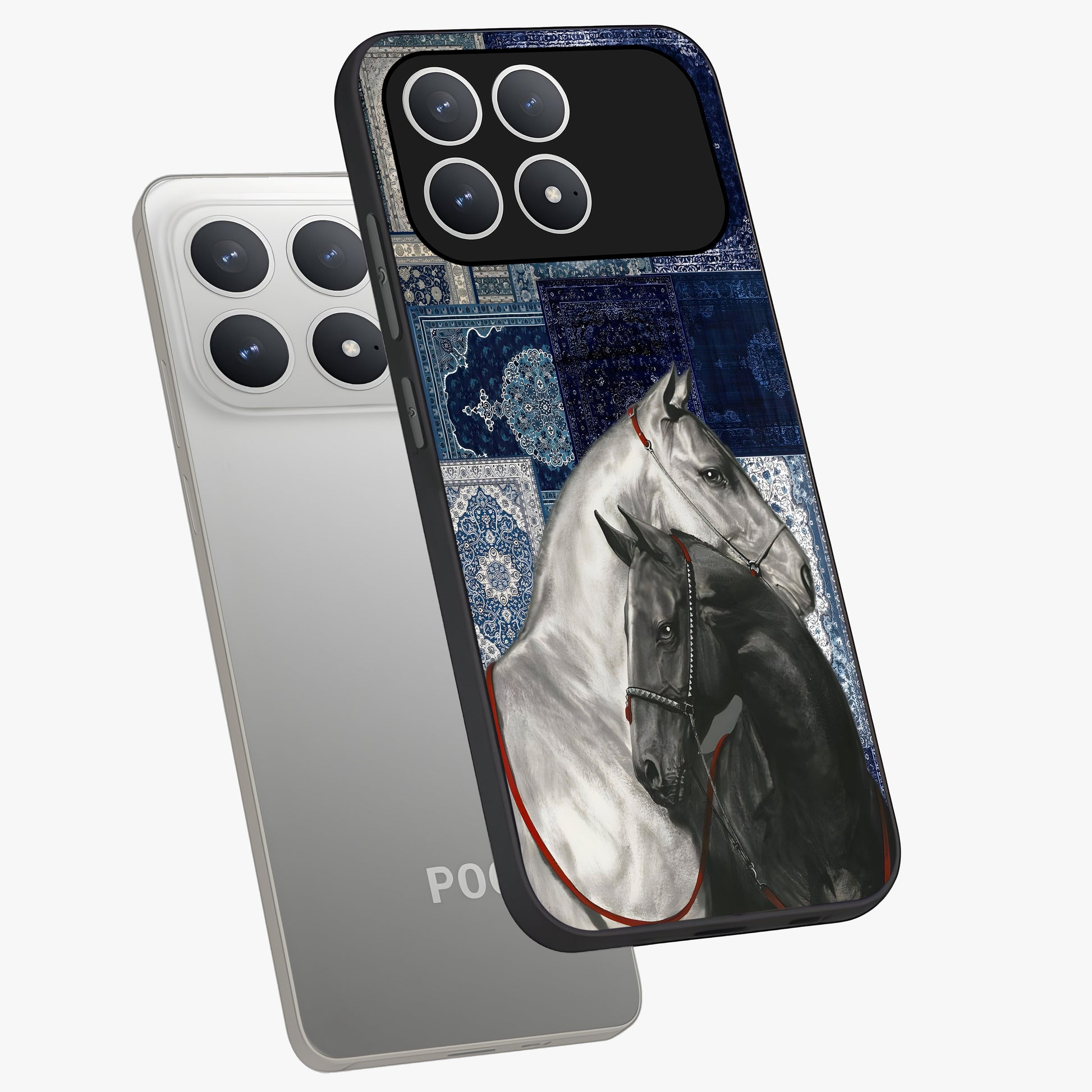 Midnight Stallion Blues Glass Case displayed in angled mockup highlighting powerful stallion illustration with deep midnight tones.