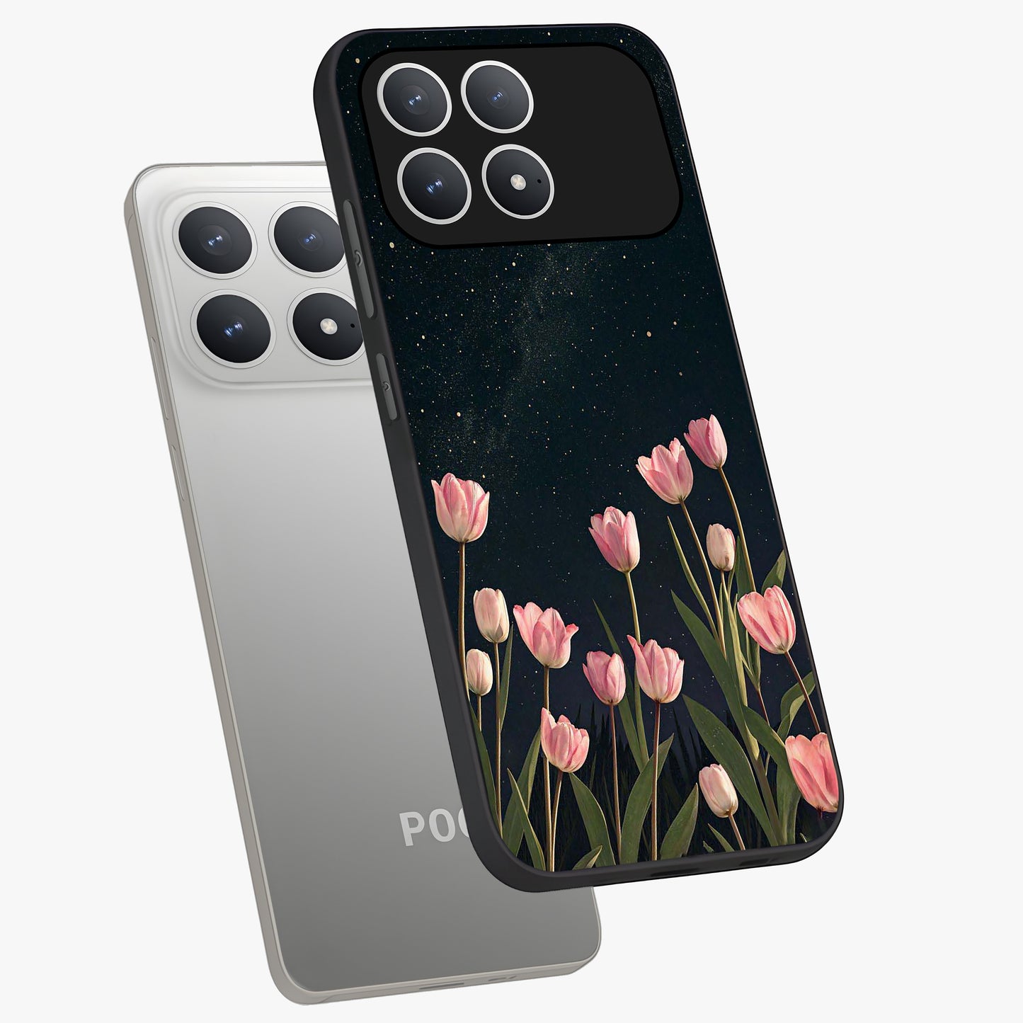Midnight Tulip Whispers Vibe Glass Case displayed in angled mockup highlighting delicate tulip design with midnight floral aesthetic.