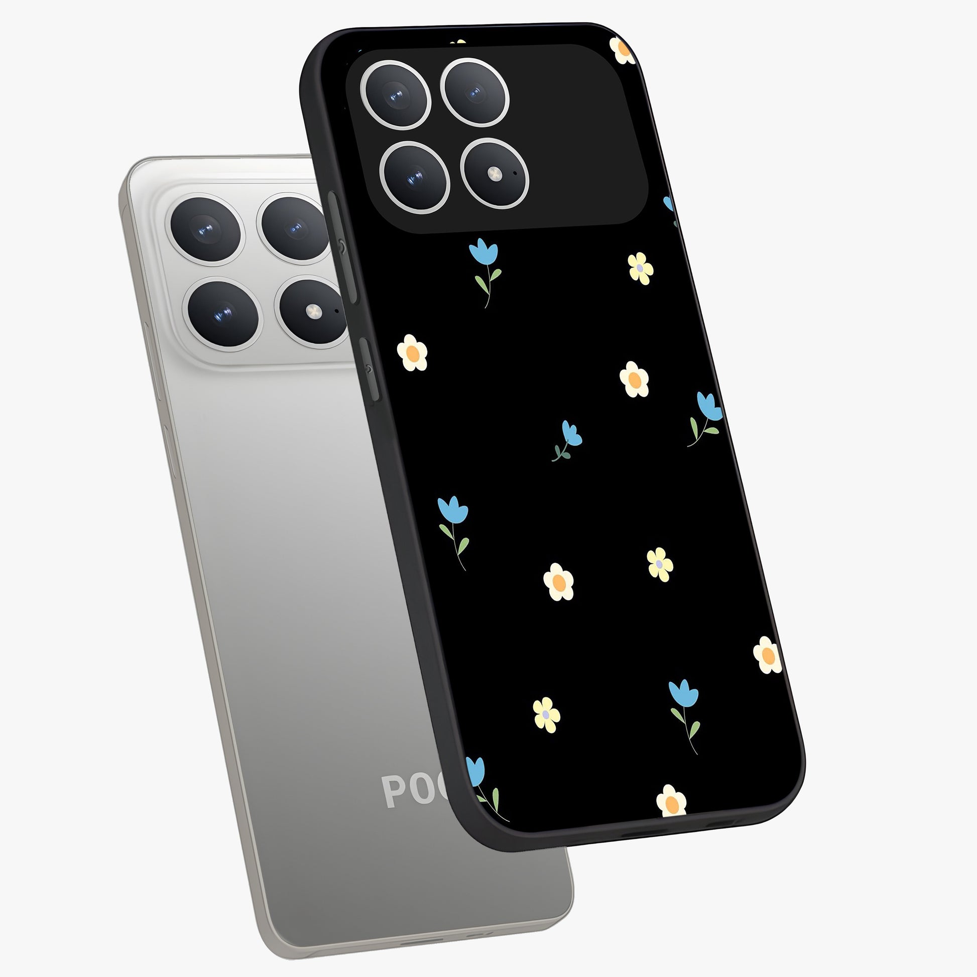 Minimal Petal Whispers Glass Case displayed in angled mockup highlighting delicate petal design with clean minimal aesthetic.