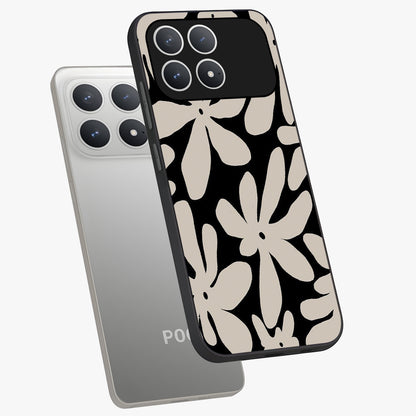 Monochrome Petal Dance Glass Case displayed in angled mockup highlighting elegant petal design with black and white aesthetic.