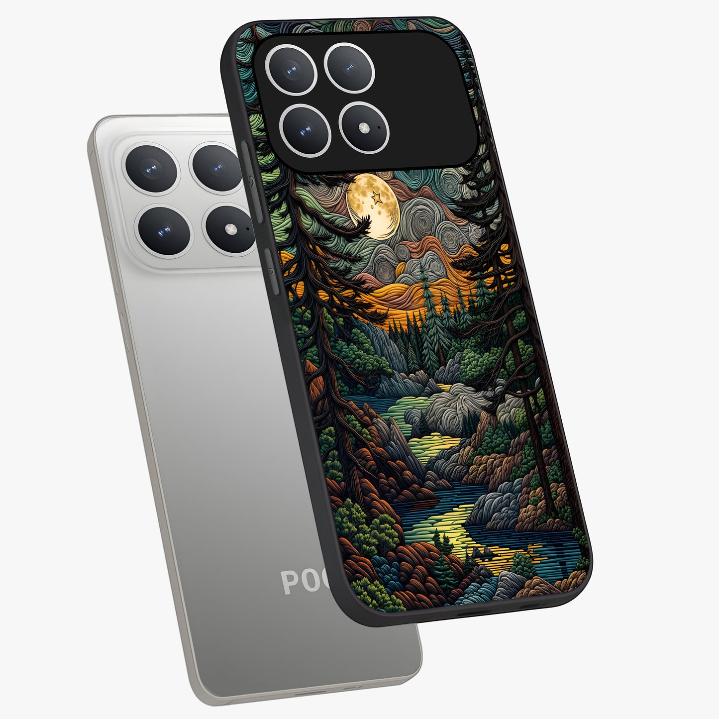 Moonlight Forest Dream Glass Case displayed in angled mockup highlighting dreamy forest design with glowing moon aesthetic.