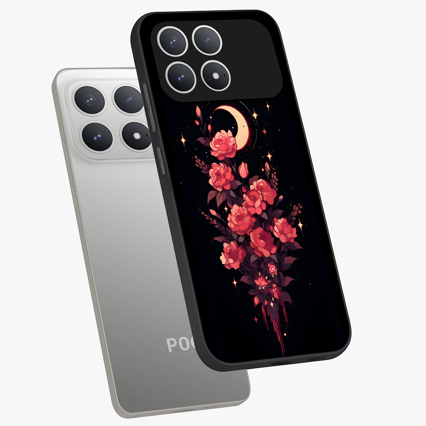 Moonlit Floral Elegance Glass Case displayed in angled mockup highlighting graceful flower design with soft moonlight aesthetic.