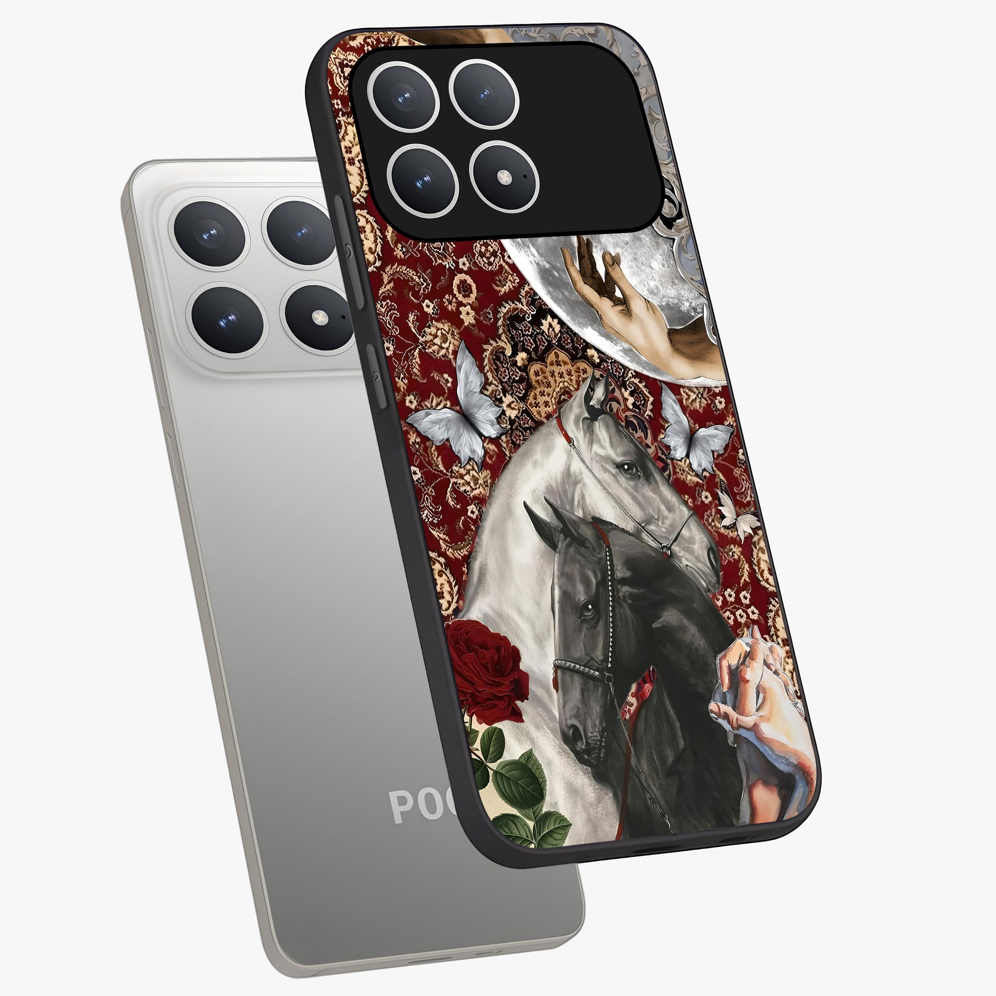 Moonlit Royal Stallion Glass Case displayed in angled mockup highlighting powerful stallion illustration with royal night aesthetic.