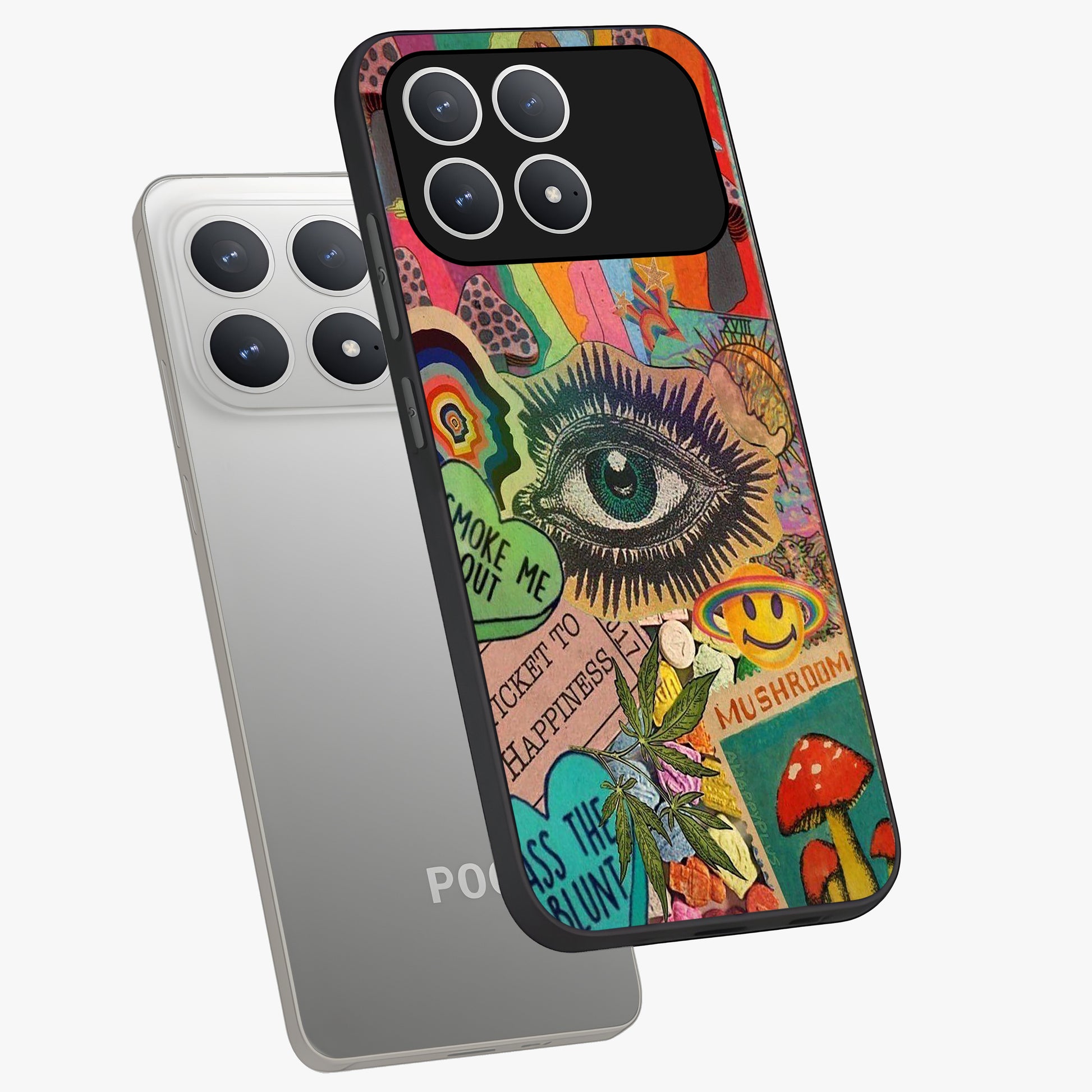 Mystic Eye Wonderland Glass Case displayed in angled mockup highlighting magical eye illustration with dreamy aesthetic.