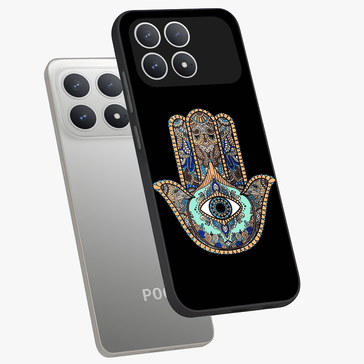 Mystic Hamsa Eye Glass Case displayed in angled mockup highlighting spiritual hamsa symbol with mystical aesthetic style.