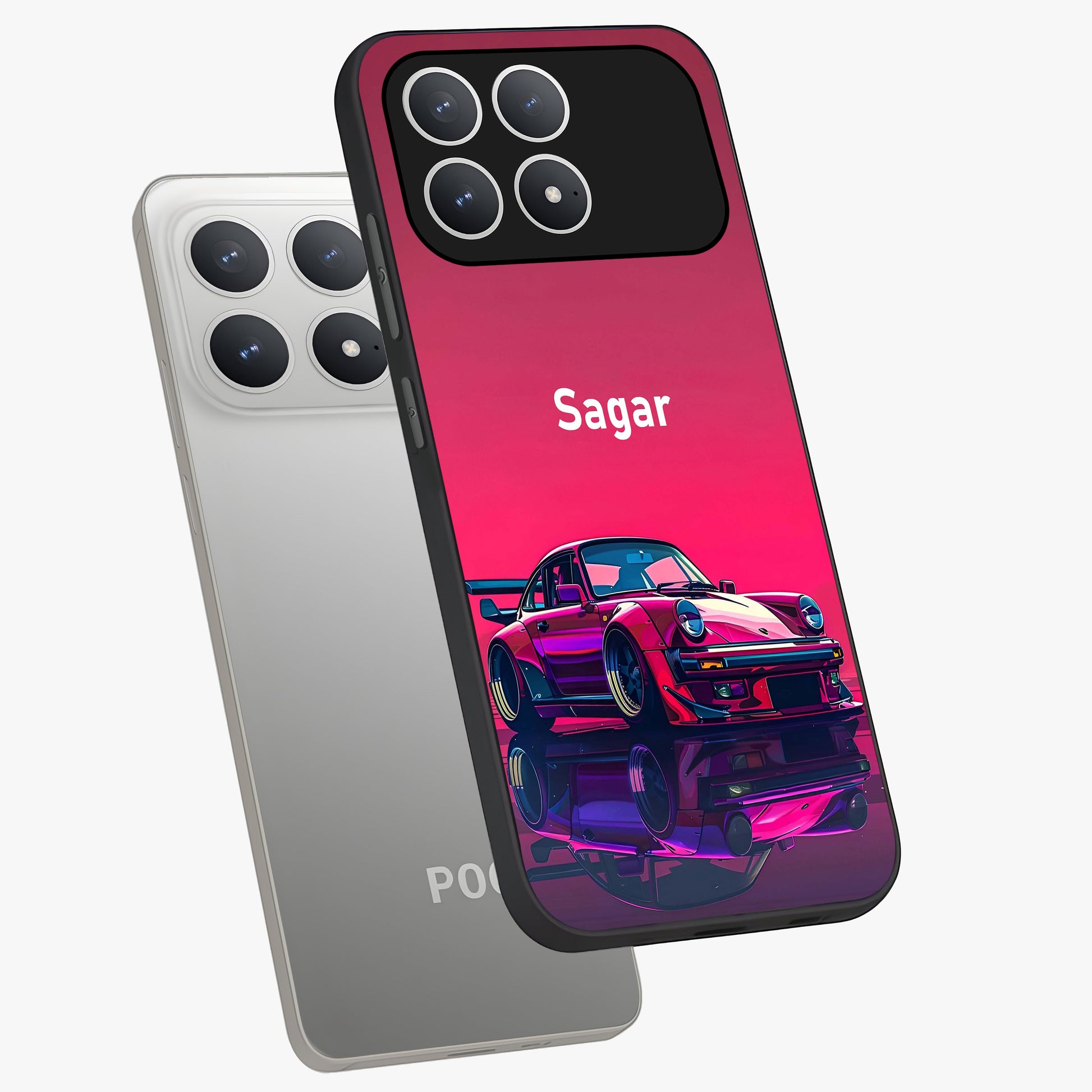 Neon Pink Porsche Glass Case displayed in angled mockup highlighting sleek neon pink car design with racing aesthetic.
