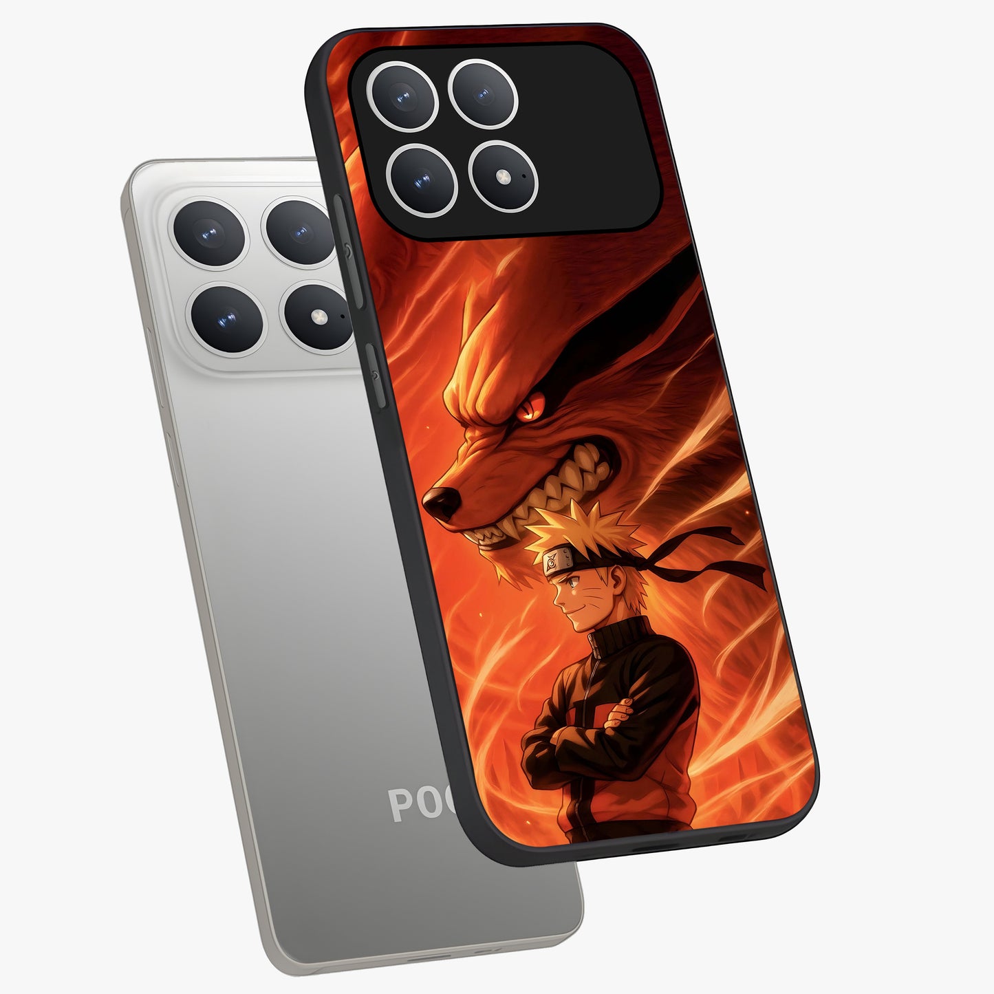 Nine Tails Legacy Glass Case displayed in angled mockup highlighting dynamic anime beast illustration with bold mystical aesthetic.