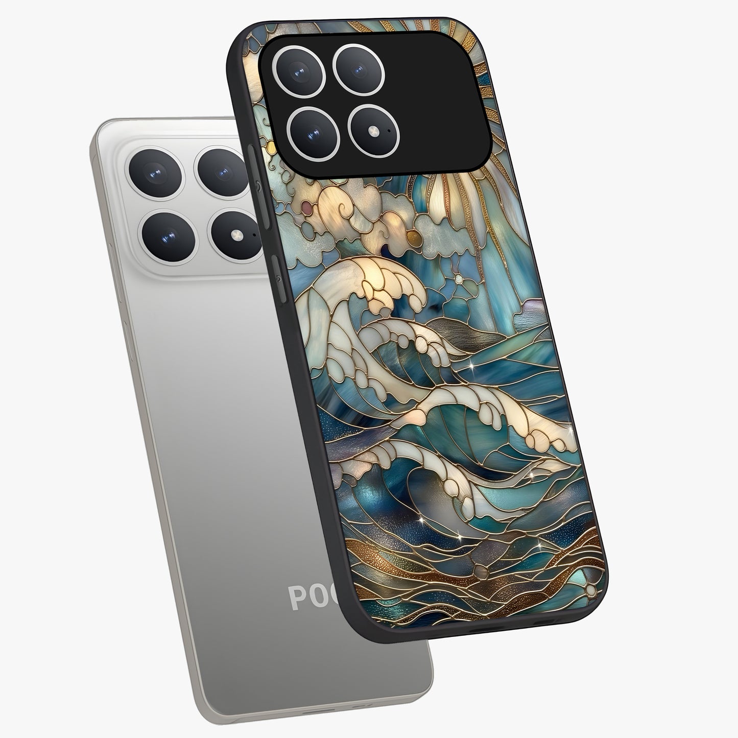 Oceanic Stained Printed Glass Case displayed in angled mockup highlighting colorful aquatic design with artistic aesthetic style.