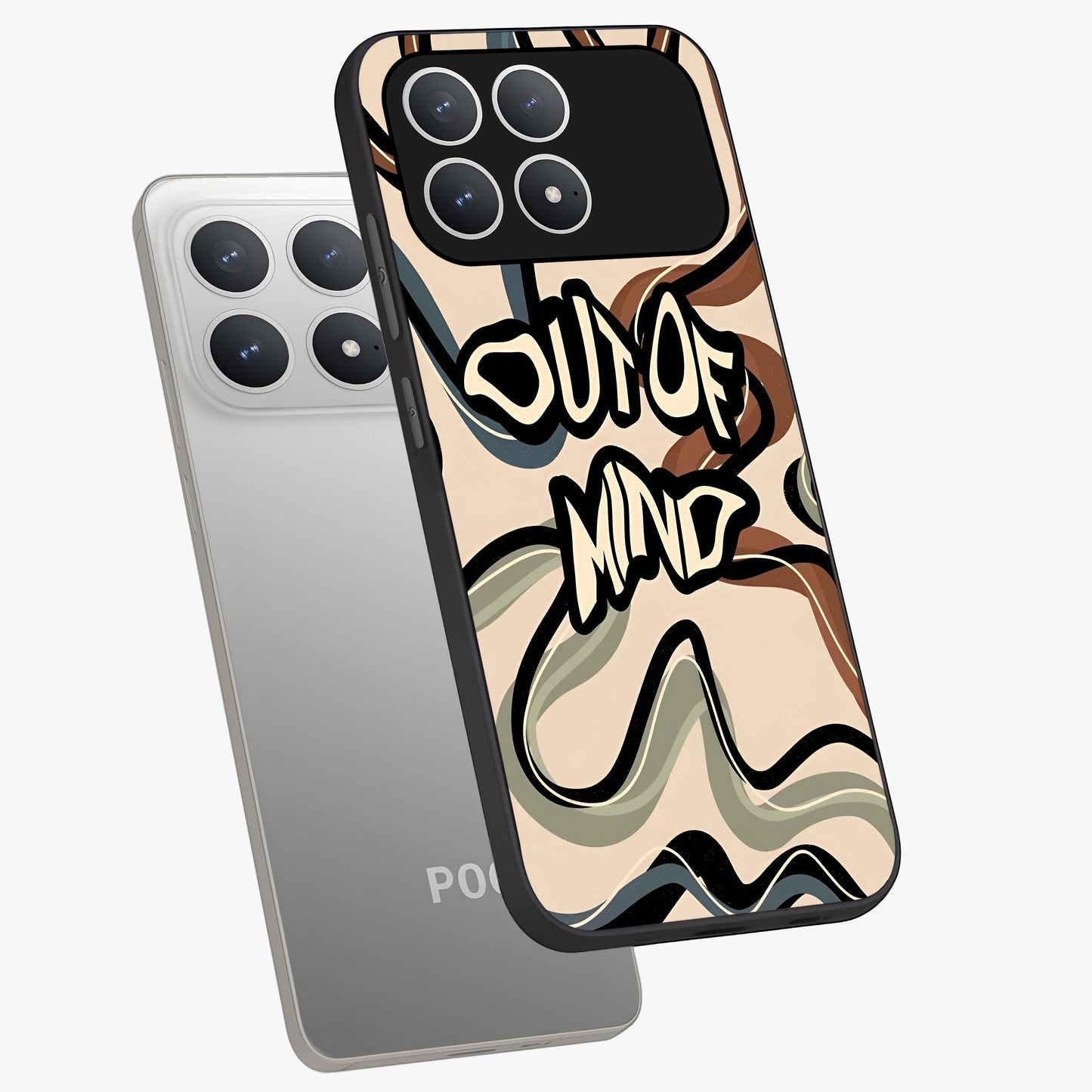 Out Of Mind Glass Case displayed in angled mockup highlighting bold statement design with modern artistic aesthetic.