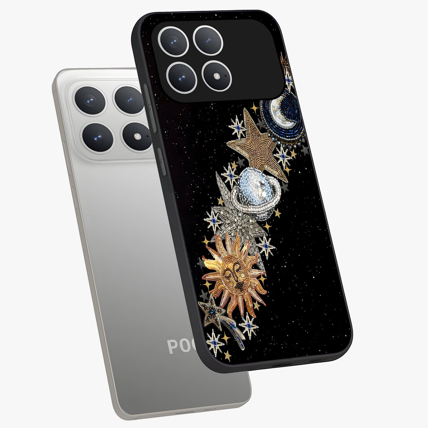 Pearls Universe Object Glass Case displayed in angled mockup highlighting celestial pearl design with dreamy aesthetic.