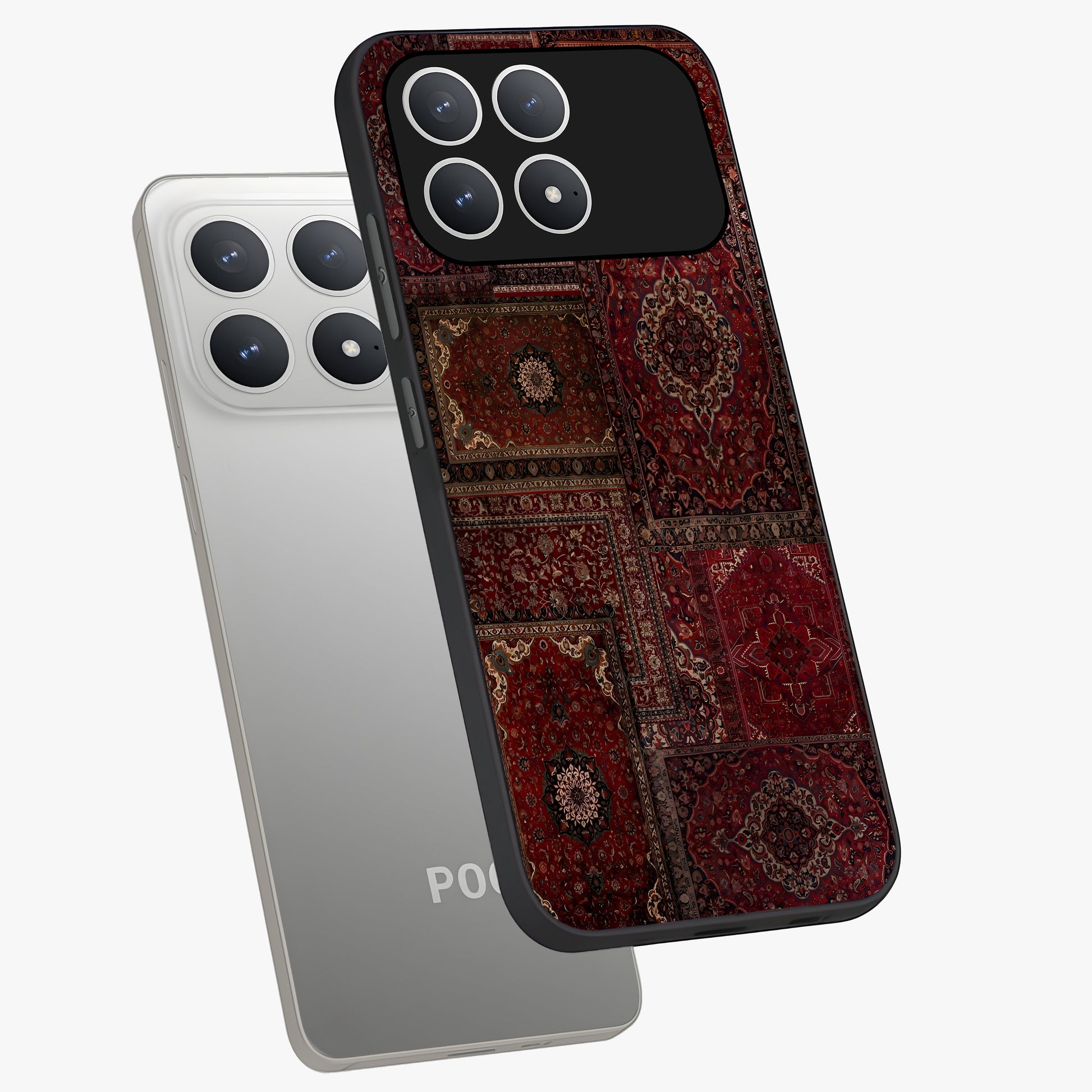 Persian Velvet Tale Glass Case displayed in angled mockup highlighting ornate textile inspired design with royal aesthetic.