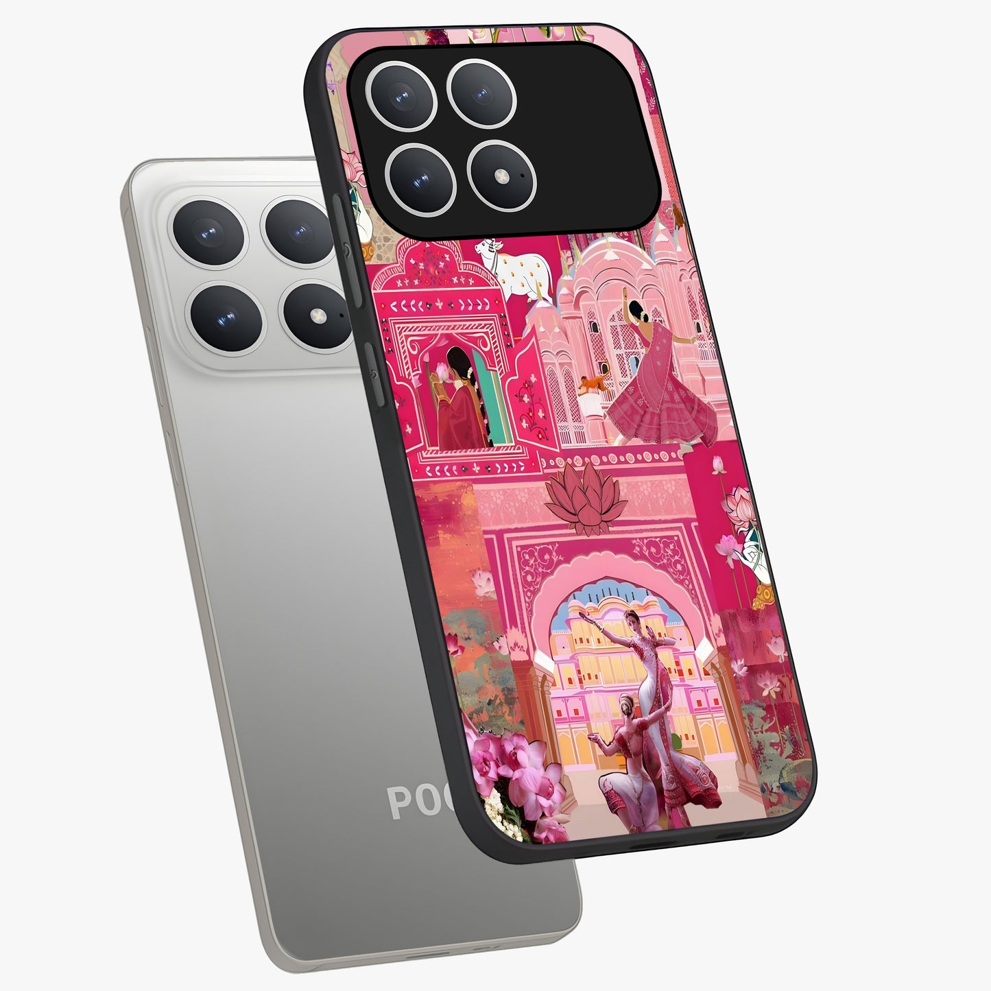 Pink Palace Muse Glass Case displayed in angled mockup highlighting dreamy palace illustration with soft pink aesthetic.