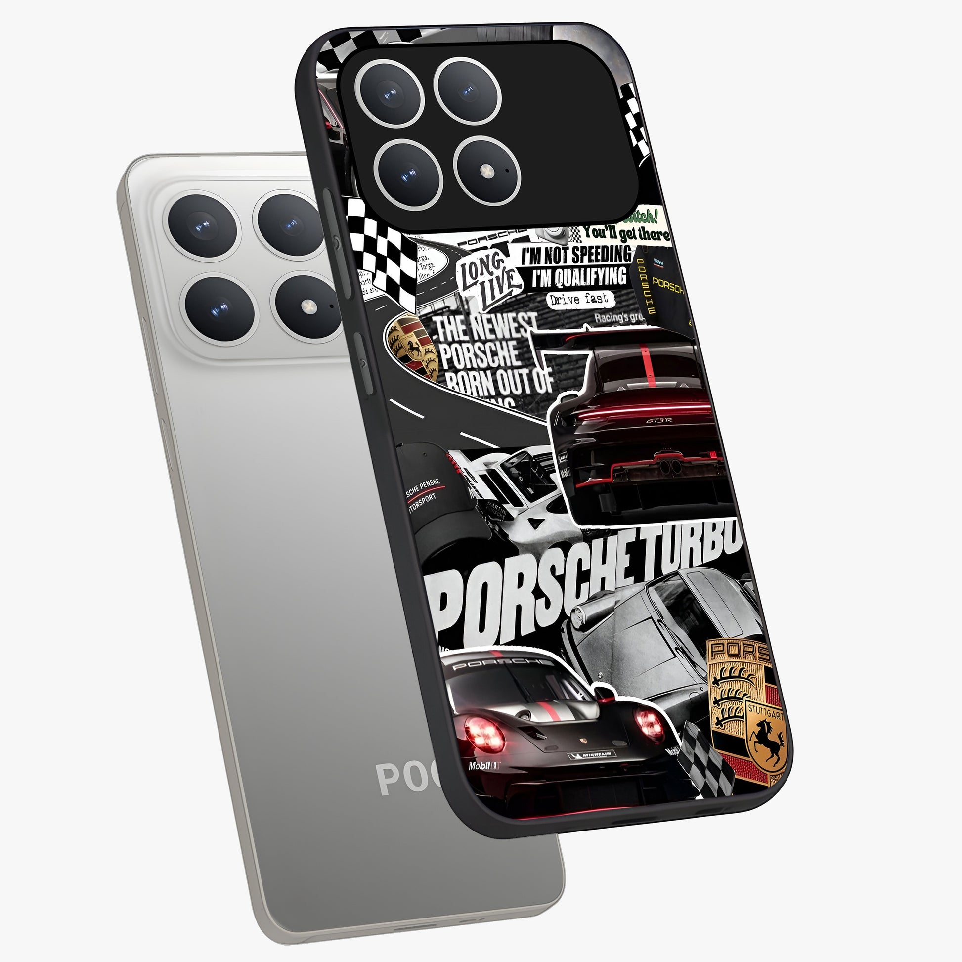 Porsche Racing Collage Glass Case displayed in angled mockup highlighting dynamic automotive design with bold racing aesthetic.