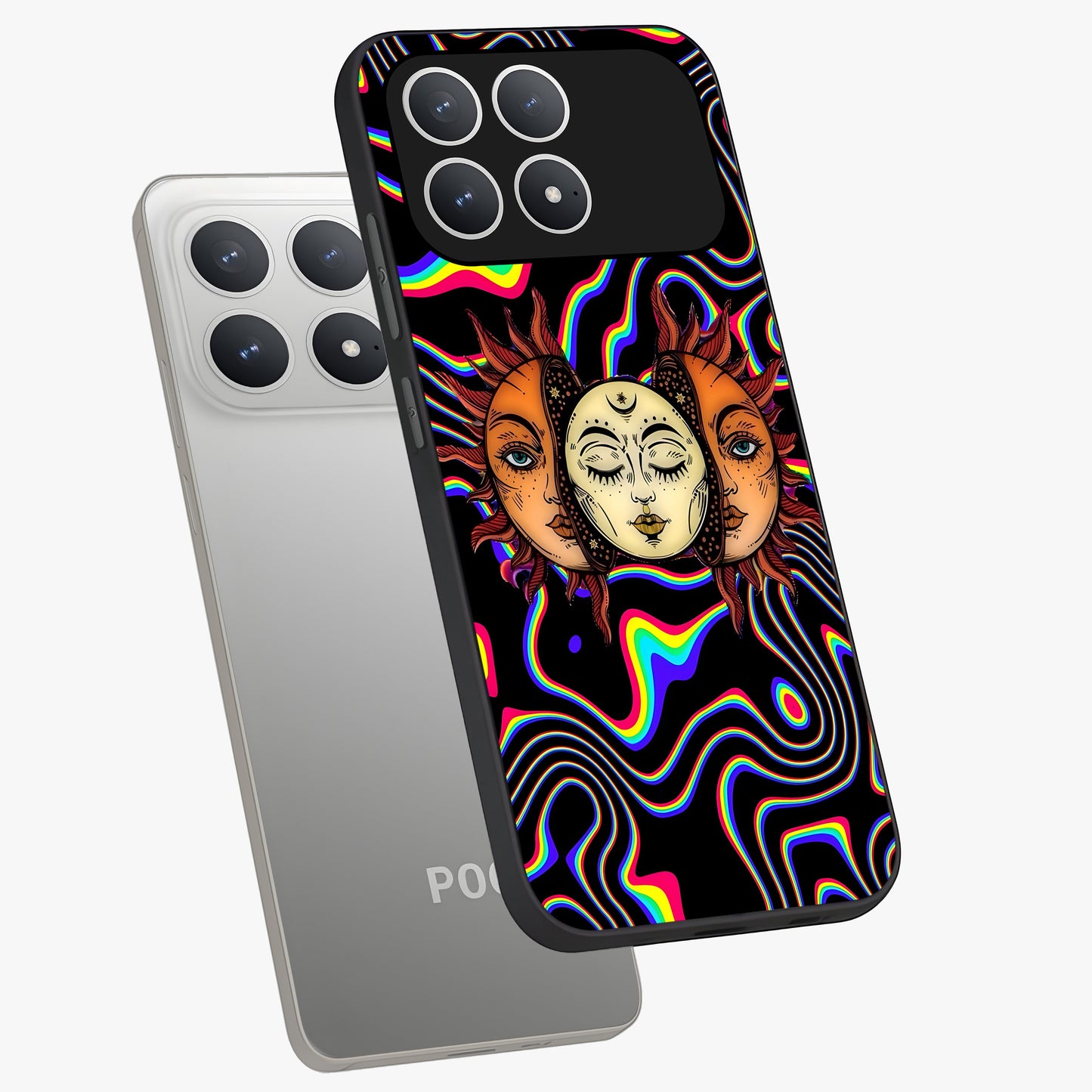 Psychedelic Sun Glass Case displayed in angled mockup highlighting vibrant abstract sun design with artistic aesthetic style.