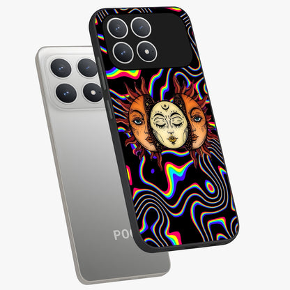 Psychedelic Sun Glass Case displayed in angled mockup highlighting vibrant abstract sun design with artistic aesthetic style.