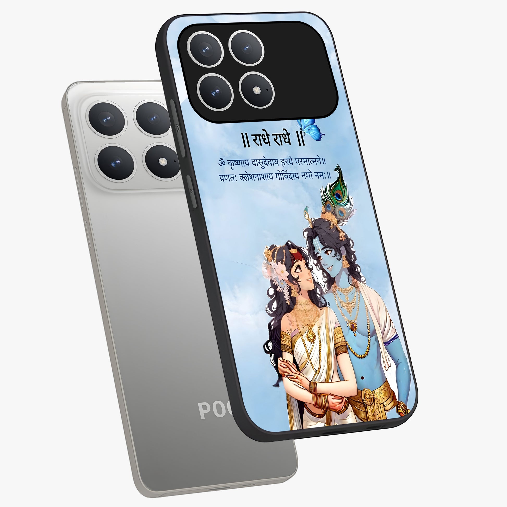 Radha Krishna Eternal Glass Case displayed in angled mockup highlighting divine Radha Krishna illustration with spiritual aesthetic.