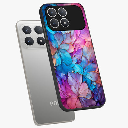 Radiant Floral Whirl Glass Case displayed in angled mockup highlighting vibrant flower pattern with dynamic artistic aesthetic.