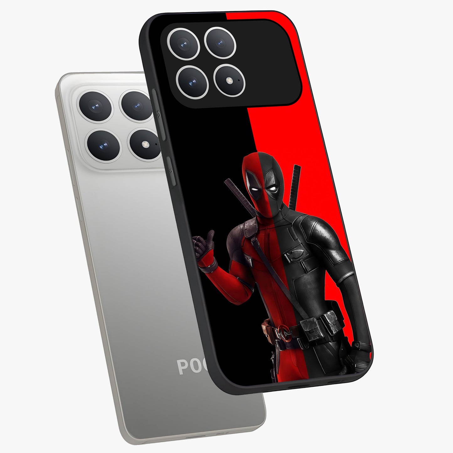 Red & Black Deadpool Theme Glass Case displayed in angled mockup highlighting vibrant superhero style illustration with action aesthetic.