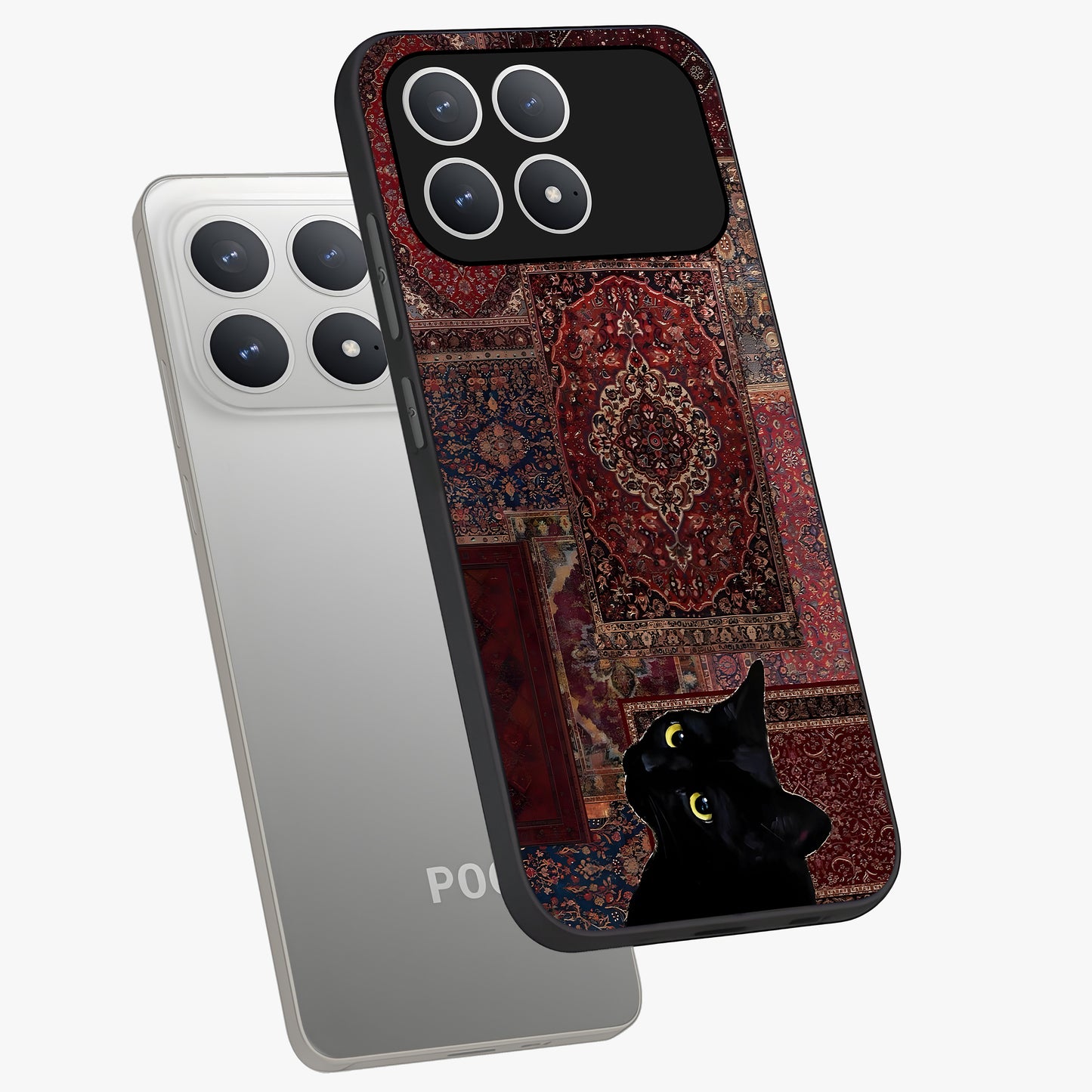 Regal Magic Cat Apple Glass Case displayed in angled mockup highlighting whimsical feline design with fantasy aesthetic.