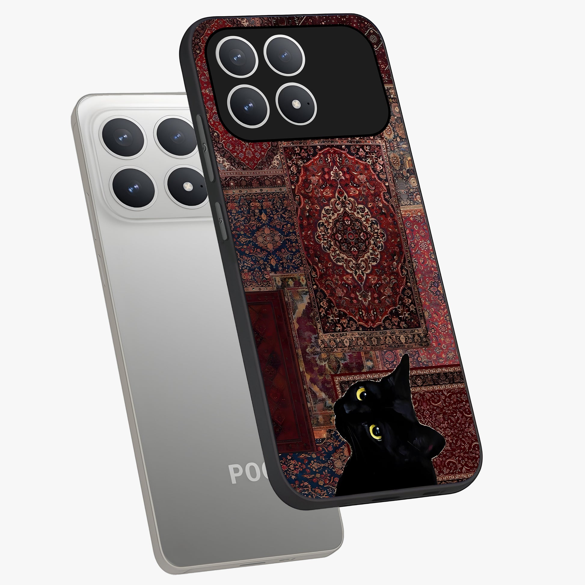 Regal Magic Cat Apple Glass Case displayed in angled mockup highlighting whimsical feline design with fantasy aesthetic.