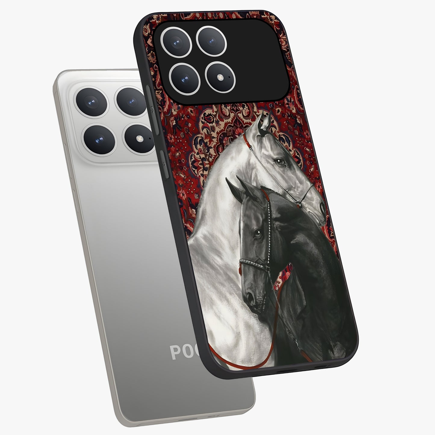 Regal Stallion Tapestry Glass Case displayed in angled mockup highlighting royal stallion design with decorative heritage aesthetic.