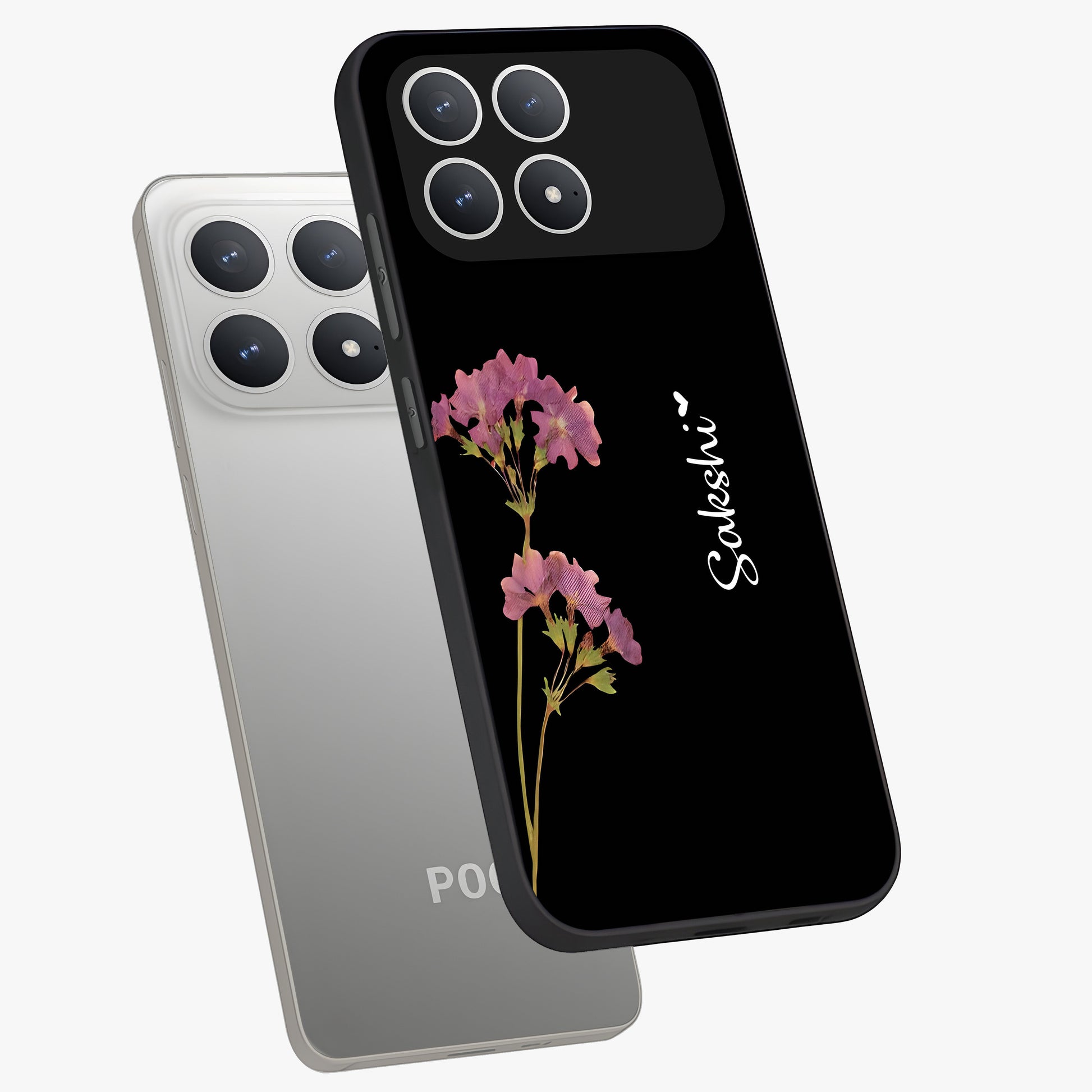 Riching Lavender Flower Custom Name Glass Case displayed in angled mockup highlighting delicate lavender flower design with custom name feature.