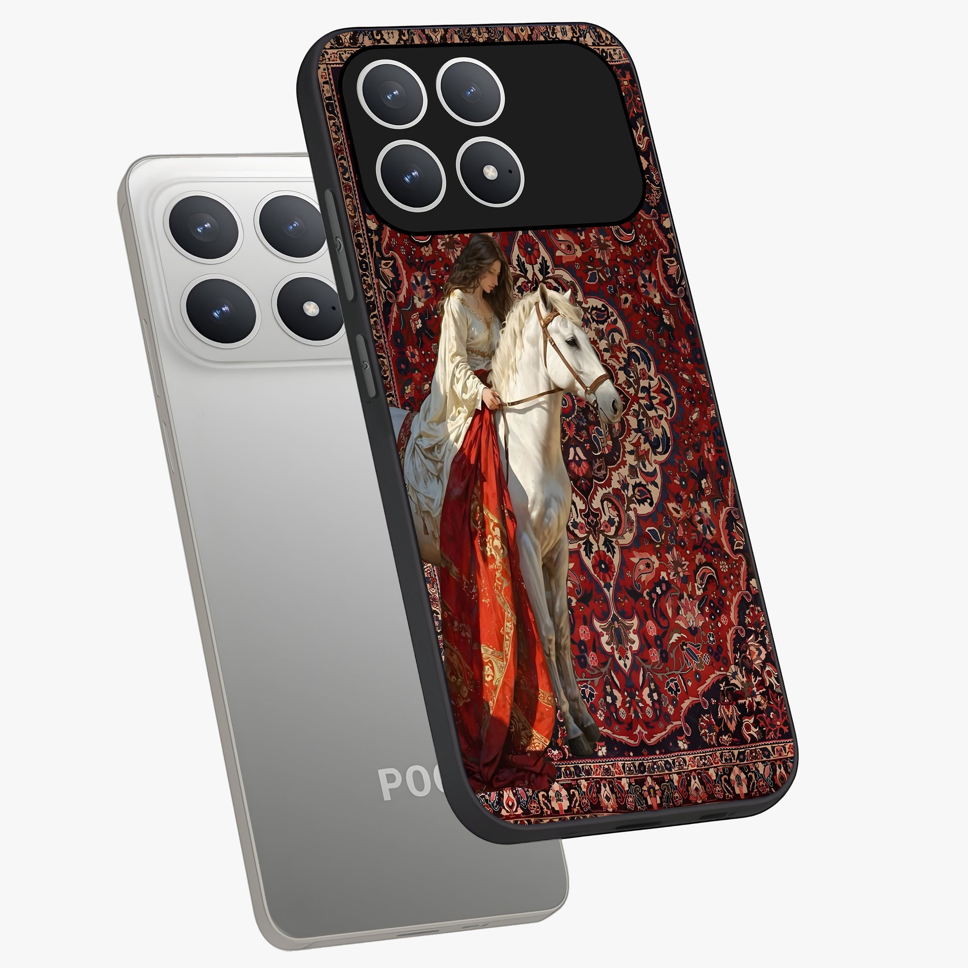 Royal Rider Tapestry Glass Case displayed in angled mockup highlighting traditional tapestry design with royal heritage aesthetic.
