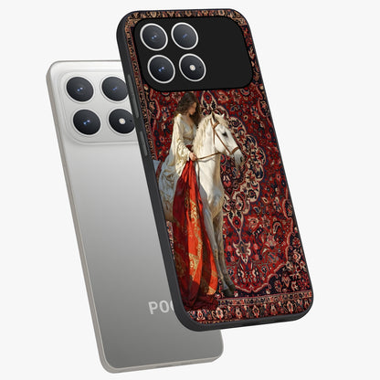 Royal Rider Tapestry Glass Case displayed in angled mockup highlighting traditional tapestry design with royal heritage aesthetic.