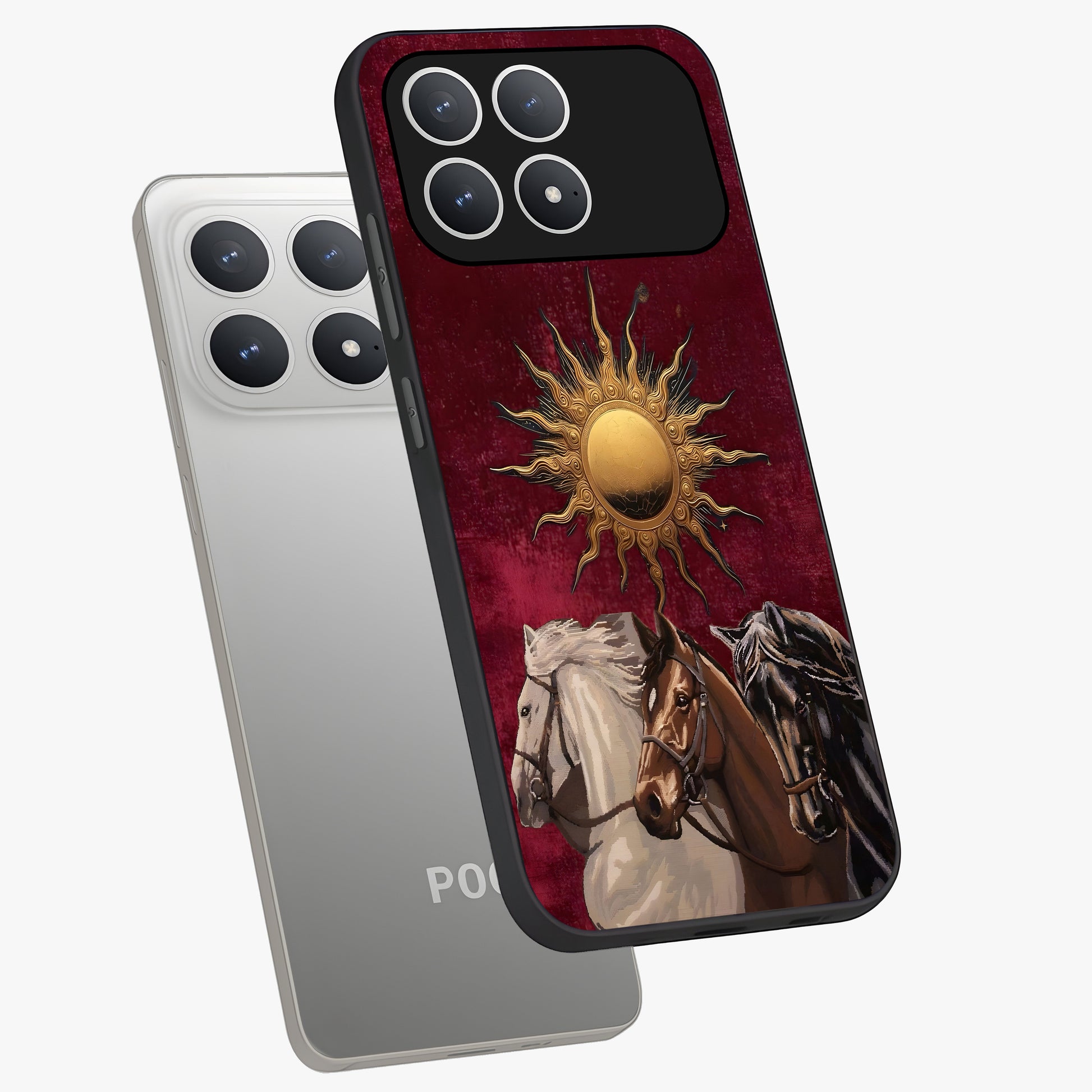 Solar Riders Glass Case displayed in angled mockup highlighting powerful rider illustration with radiant solar aesthetic.