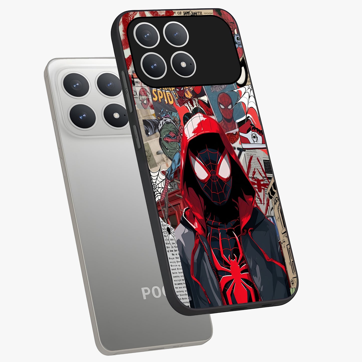 Spider Collage Street Glass Case displayed in angled mockup highlighting dynamic street style collage design with comic aesthetic.