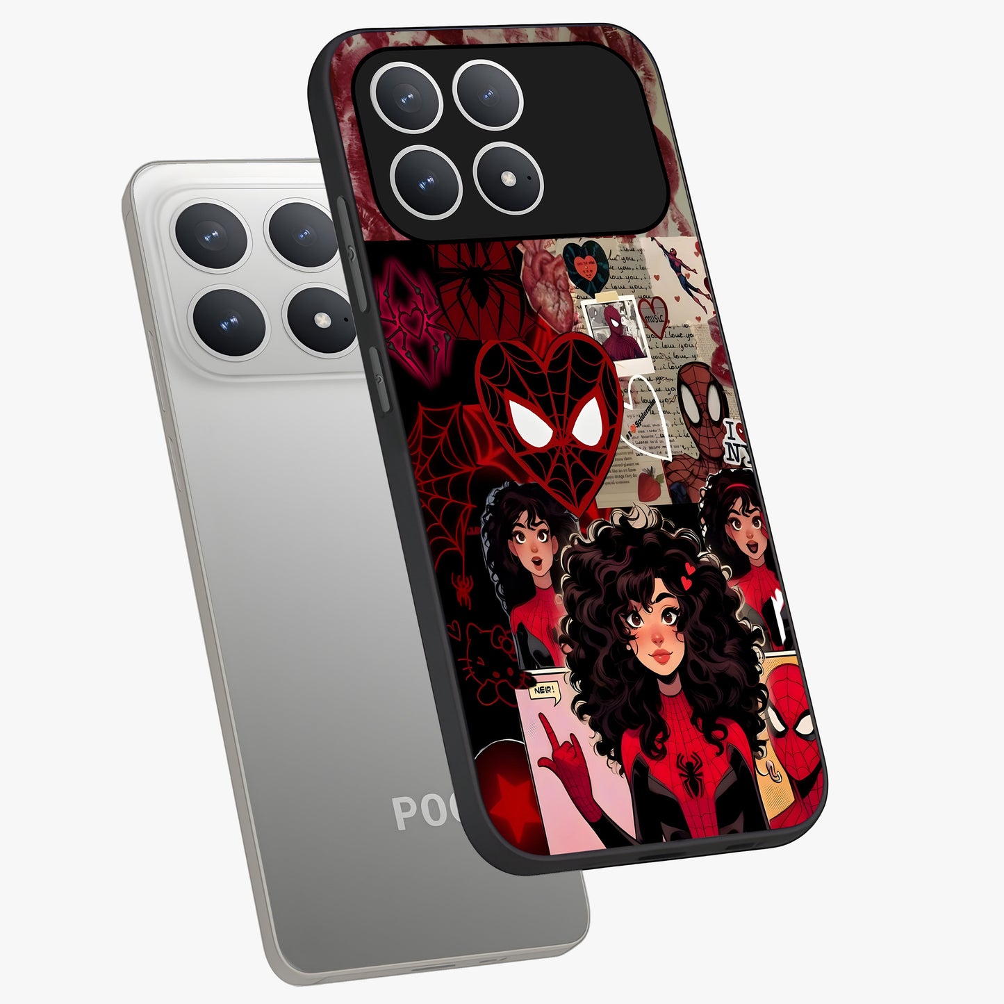 Spider Love Story Glass Case displayed in angled mockup highlighting expressive comic inspired design with playful aesthetic.