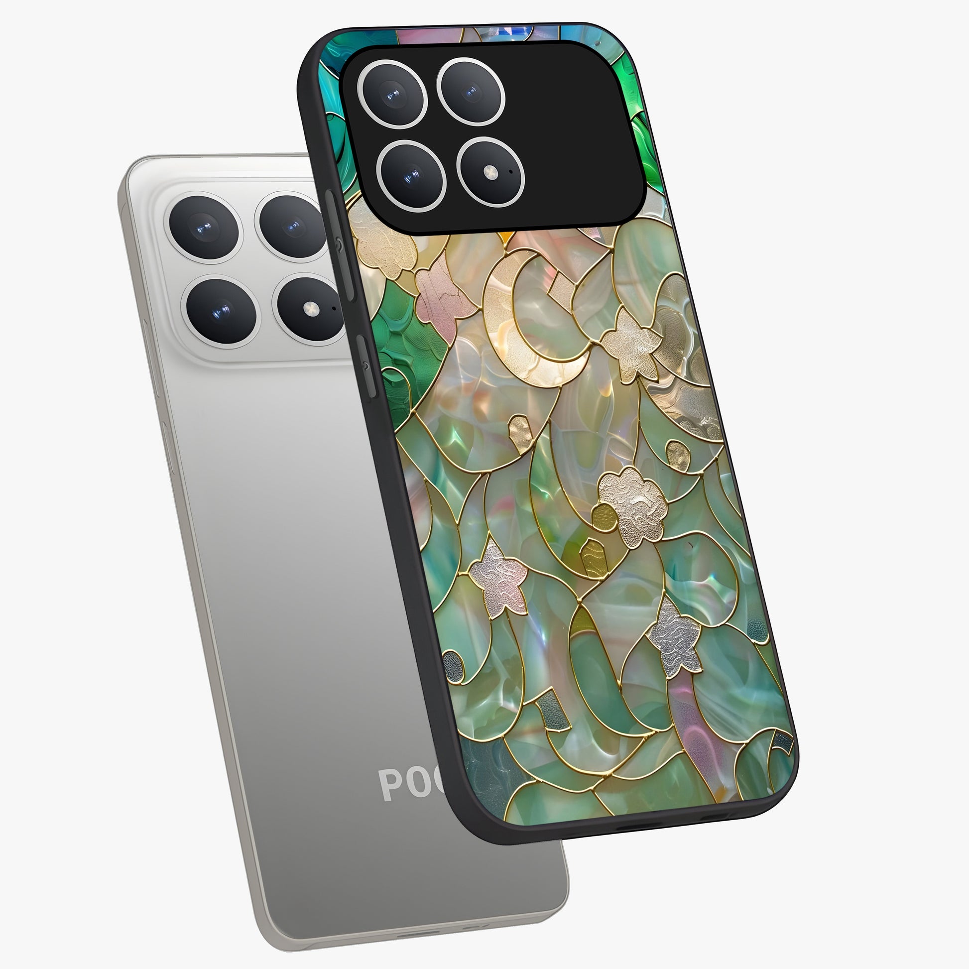 Stained Sunrise Glow Glass Case displayed in angled mockup highlighting radiant sunrise design with artistic aesthetic style.