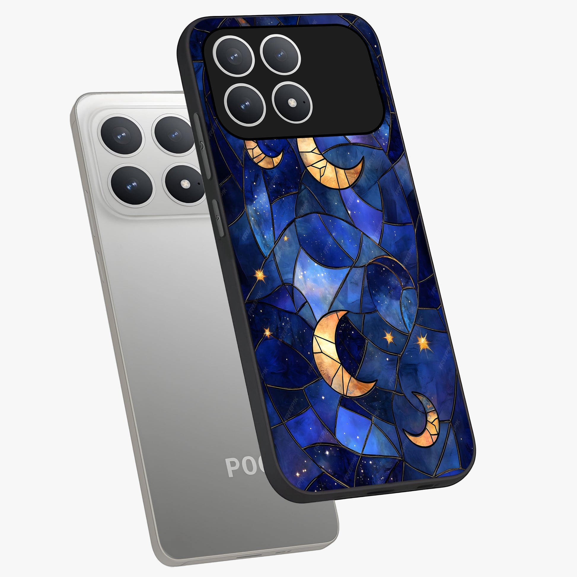 Starlit Sky Tapestry Glass Case displayed in angled mockup highlighting celestial night pattern with artistic aesthetic style.