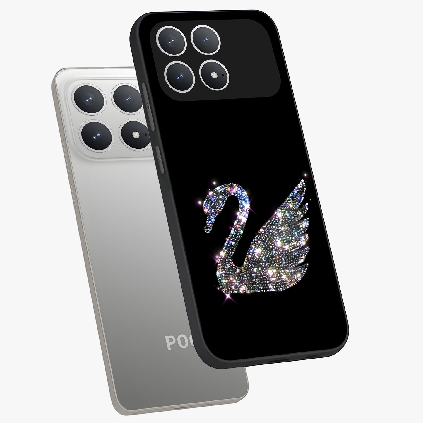 Starlit Swan Grace Glass Case displayed in angled mockup highlighting elegant swan illustration with dreamy celestial aesthetic.